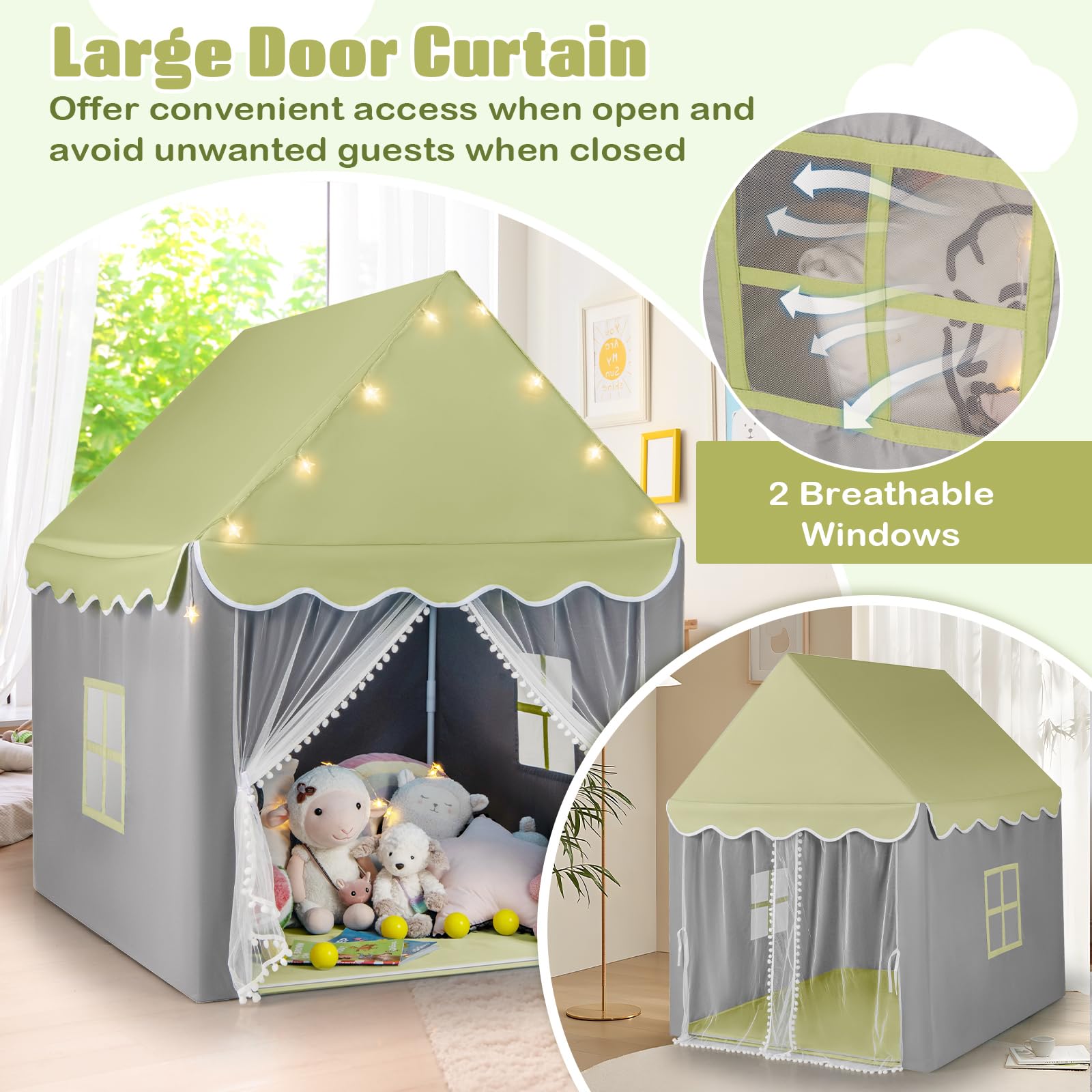 HOMASIS Tienda de campaña Infantil de Interior, Castillo de Juegos con Alfombra Lavable y Luces LED en Forma de Cuerda, Casita con Cortinas y Ventanas, para niños y niñas, 121x105x136cm (Verde)