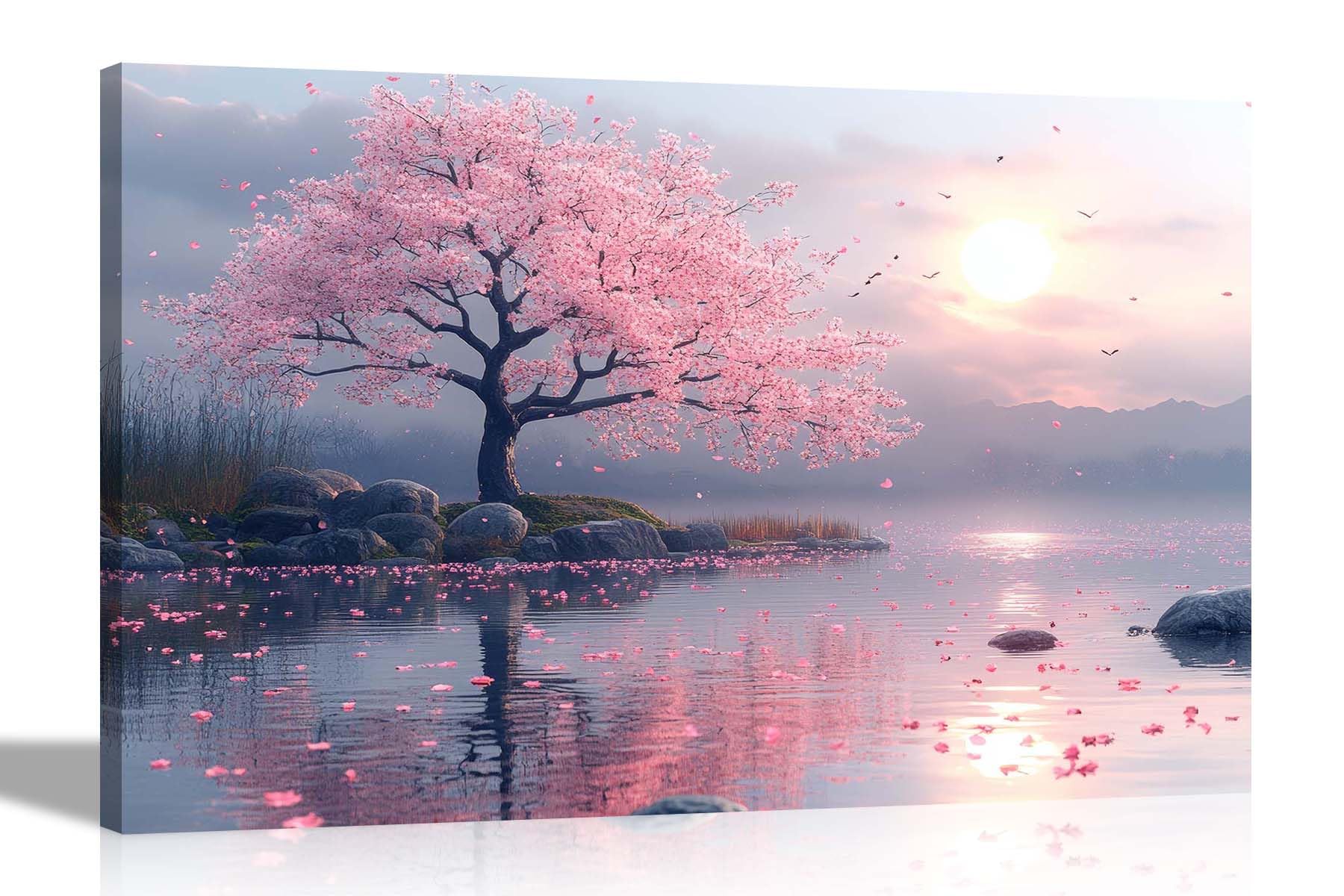 Artley Prints Sunrise Mountain Lake - Japanese Pink Cherry Tree Sunrise Canvas Wall Art For Bedroom Hallway Living Room Prints Ready To Hang Decoration 60 X 40Cm (24 X 16 Inches) A2