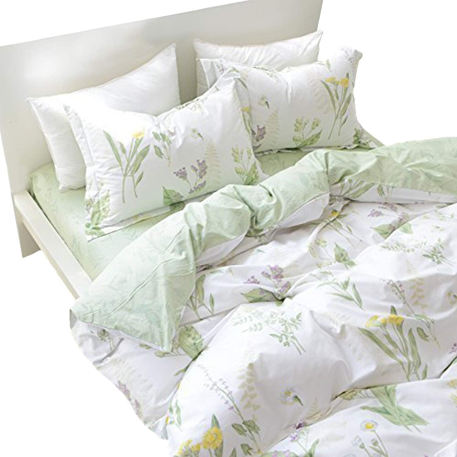 FADFAYDuvet Cover Set King 4-Pcs Shabby Daisy and Lavender Flowers 100% Cotton Hidden Zipper Closure with Green Deep Pocket Fitted Sheet 4 Pieces King Size
