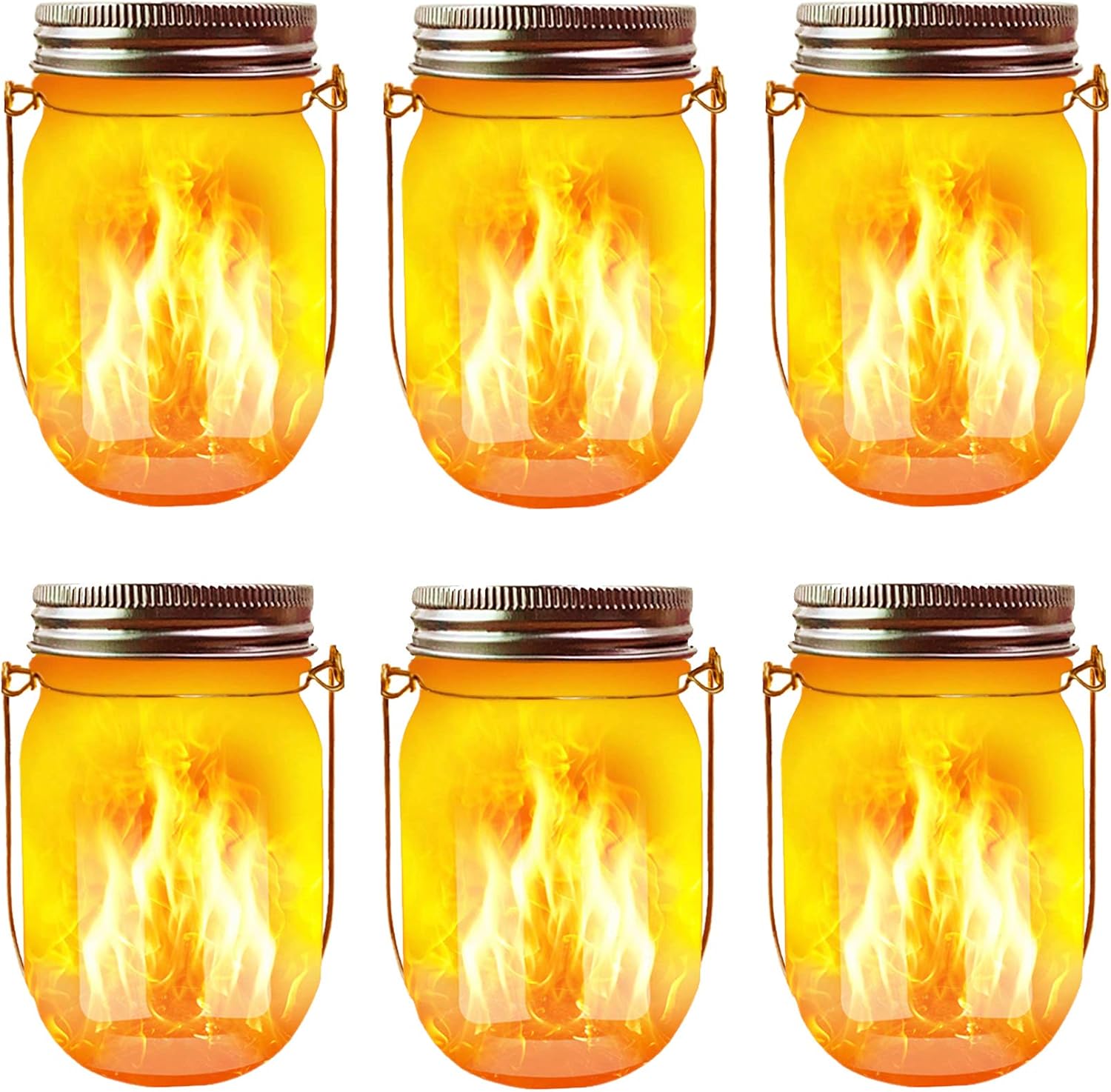 Solar Flicker Torch Lights, 6 Pack Waterproof Dancing Flicker Lanterns Lights Build-in Glass Mason Jar, Outdoor Patio Yard Desktop Party Halloween Xmas Decor Solar Lanterns