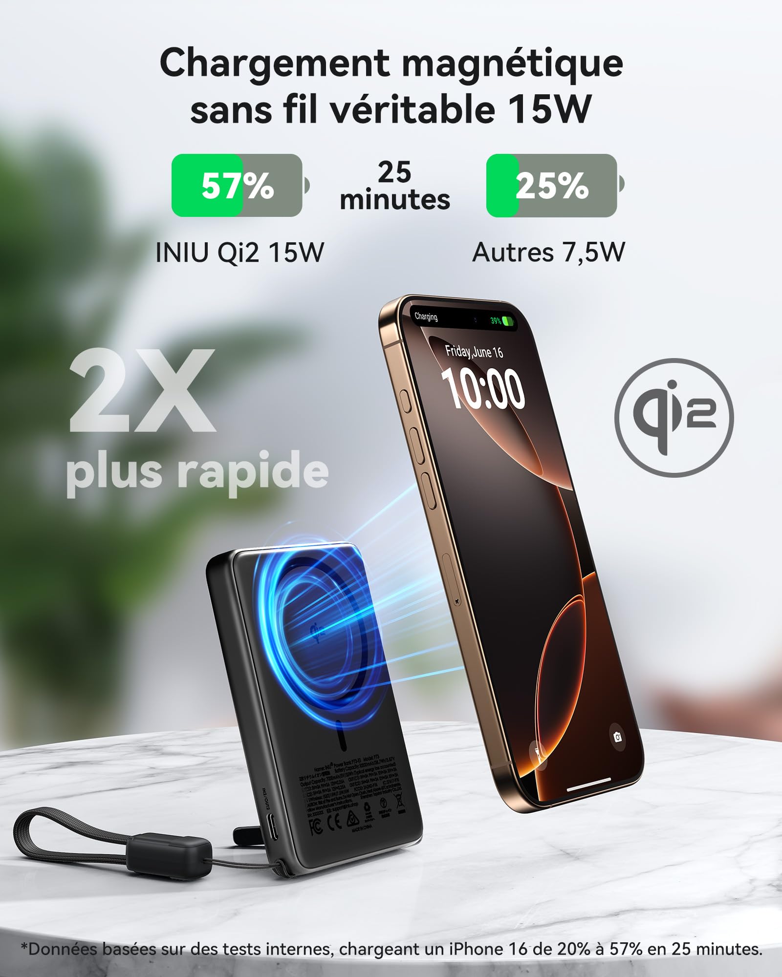 INIU pour MagSafe Qi2 15W Batterie Externe, Ultra-Fine 10000mAh Power Bank