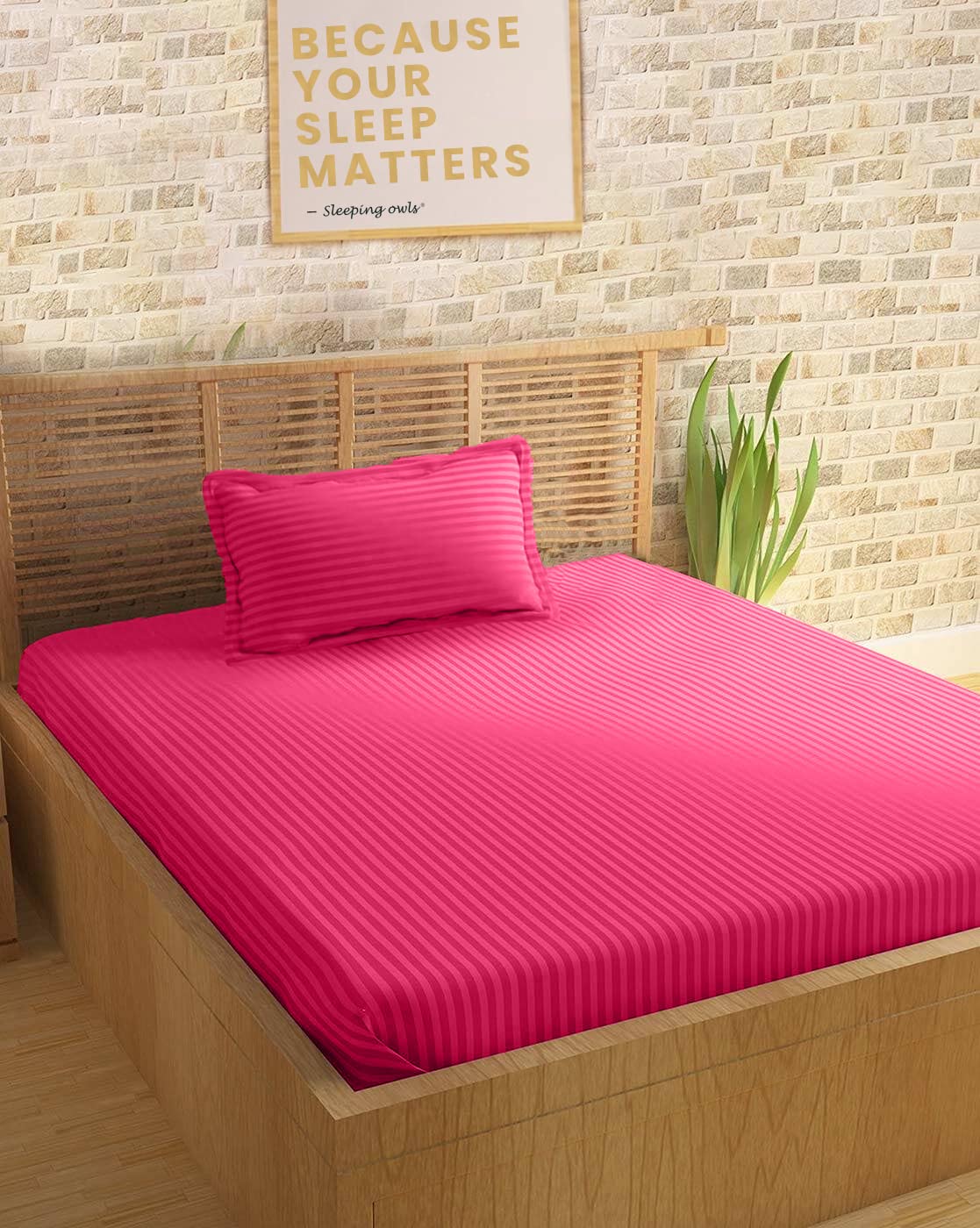 Sleeping Owls 100% Soft Cotton Colors210TC Premium Stripe Cotton Bedsheet Single Size 60x90 Inches with 1 Pillow Cover - HOT Pink-image-1