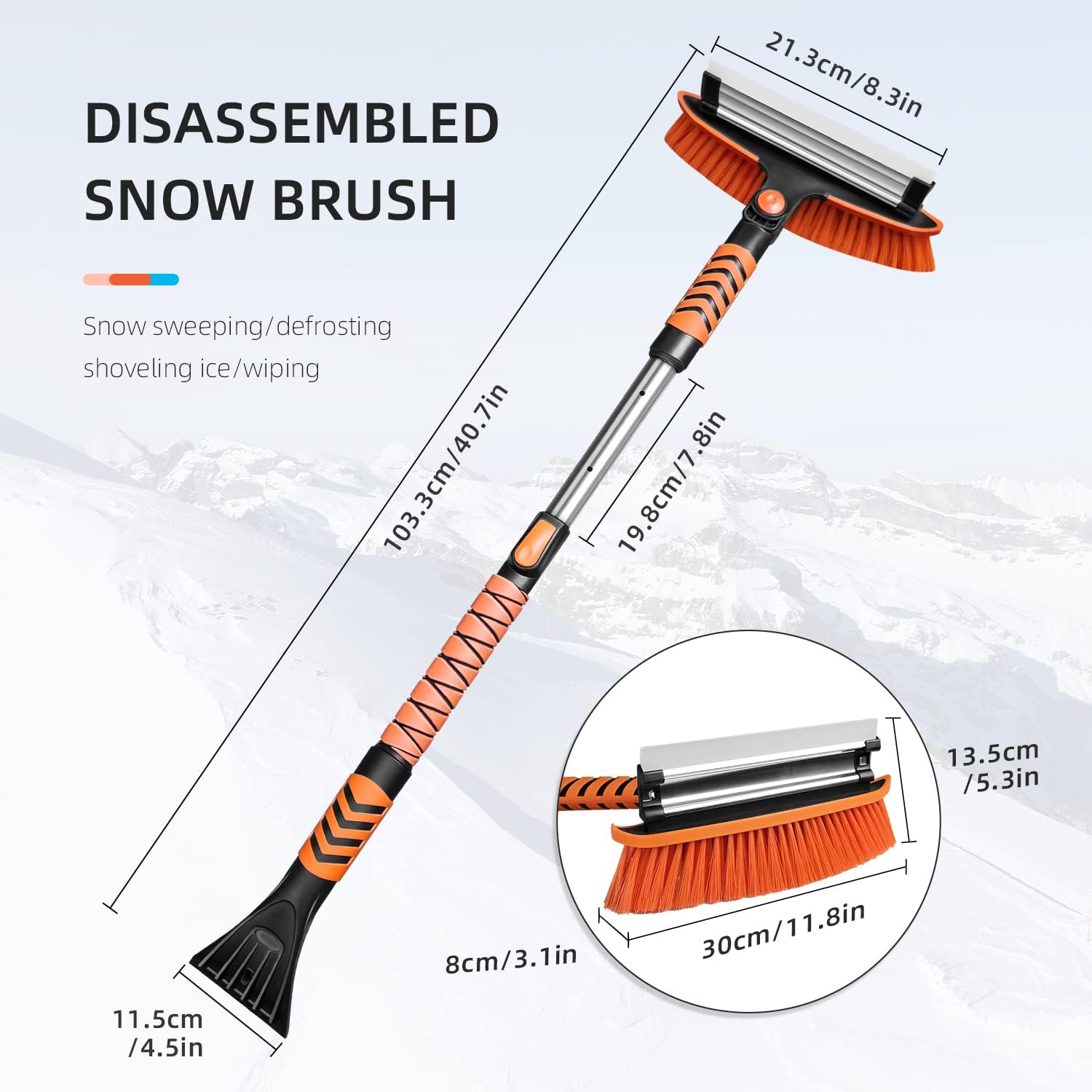 34'' to 41'' Extendable Snow Brush, Ice Scraper for Car Windshield, Emergency Snow Shovel Snow Broom with Foam Grip 180° Pivoting Brush Head, Telescoping Snow Scraper for Car SUV Truck, Orange