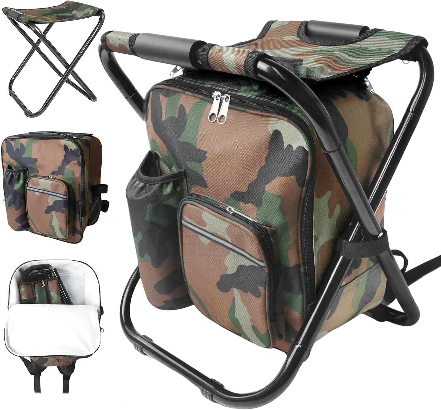 Folding Camping Chair Stool Backpack with Cooler Insulated Picnic Bag, Portable Hunting Fishing Multifunction Chair for Outdoors Hiking Hunting Travel (Camouflage)