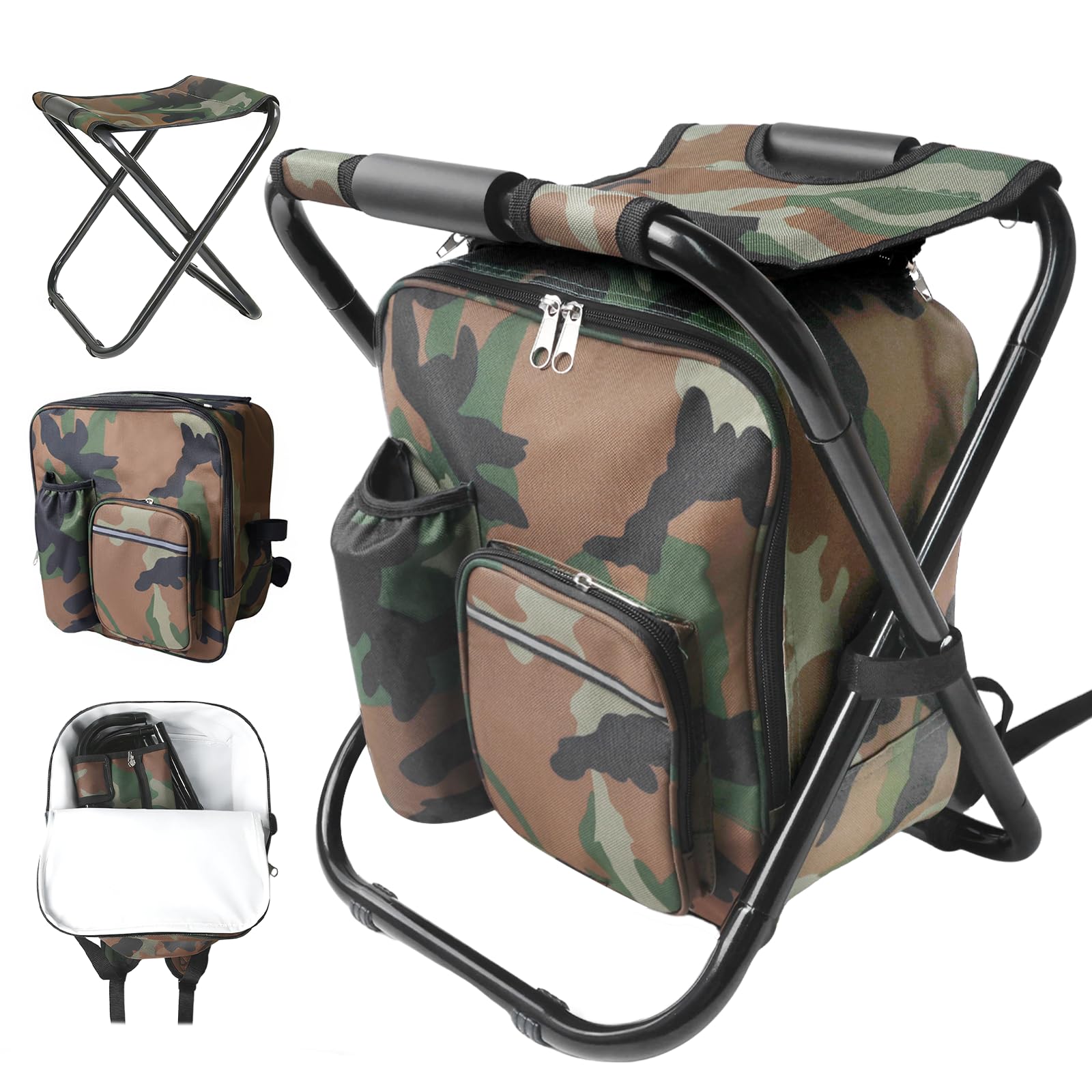 SDLDEER Foldable Camping Chair Backpack with Cooler Insulated Picnic Bag, Detachable Portable Camping Stool Hiking Seat Table Bag for Outdoor Indoor Fishing Travel Beach (Camouflage)