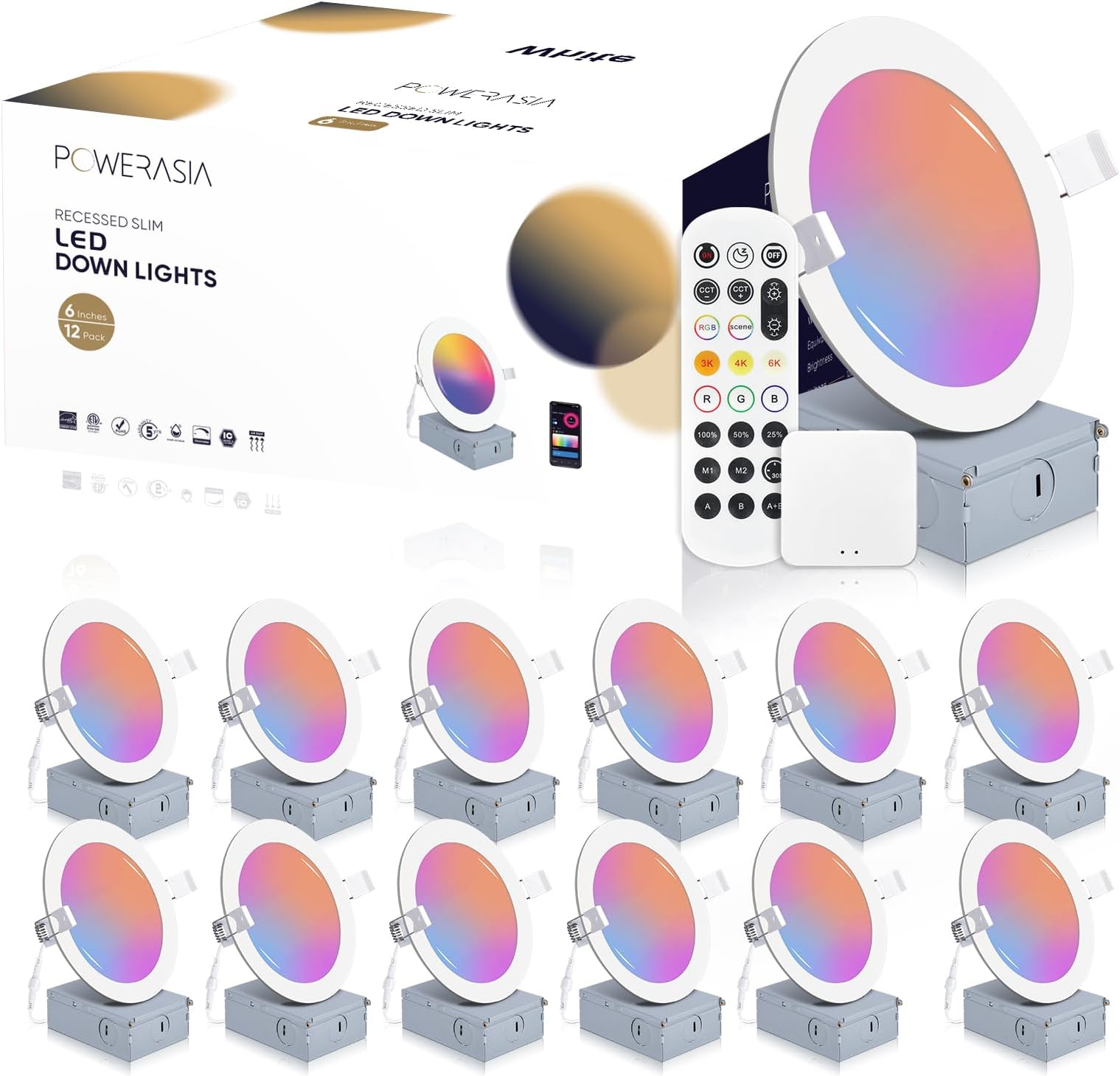 12 Pack Smart Recessed Lighting 6 Inch, Ultra-Thin LED Recessed Lighting 12W 1200LM Smart Downlight with Junction Box, Compatible with Alexa/Google Assistant - ETL and Energy Star Certified