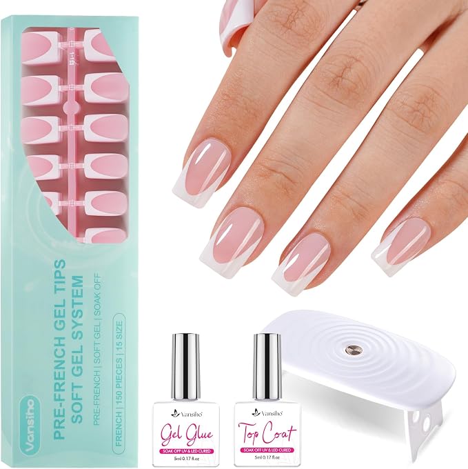 French Tip Press on Nails Kit, 150pcs Short Square Gel Nail Kit