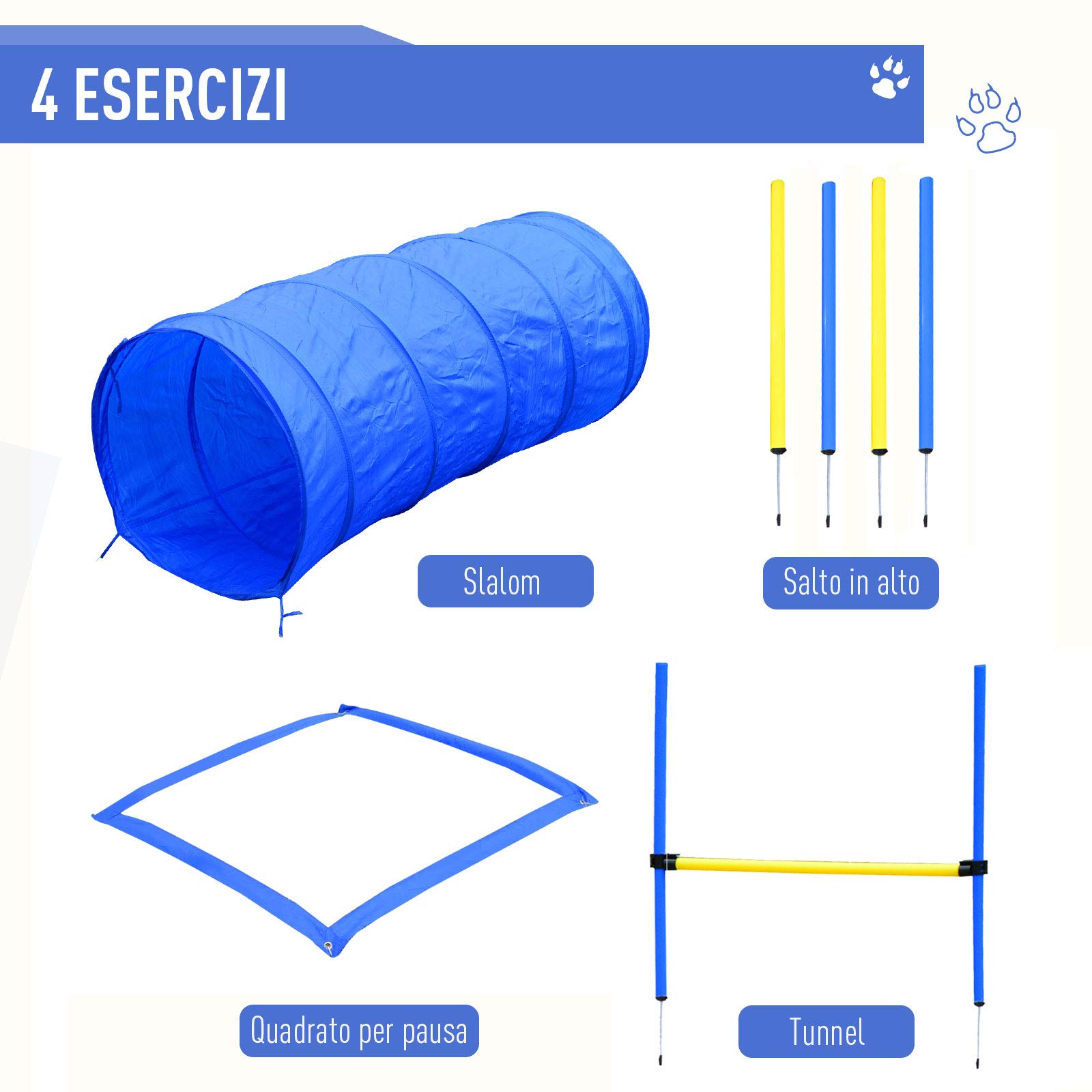 PawHut Agility Dog Training Set Tunnel Slalom Ostacolo Sacca Trasporto Giallo Blu