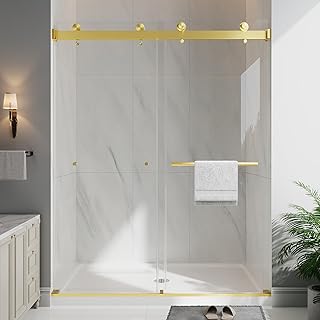 Frameless Double Sliding Shower Doors, 49-54" W x 76" H Shower Glass Door, 1/4" (6mm) Thick ANSI Certified Tempered Glass with Explosion-Proof Film and Nano Coating, Brushed Gold