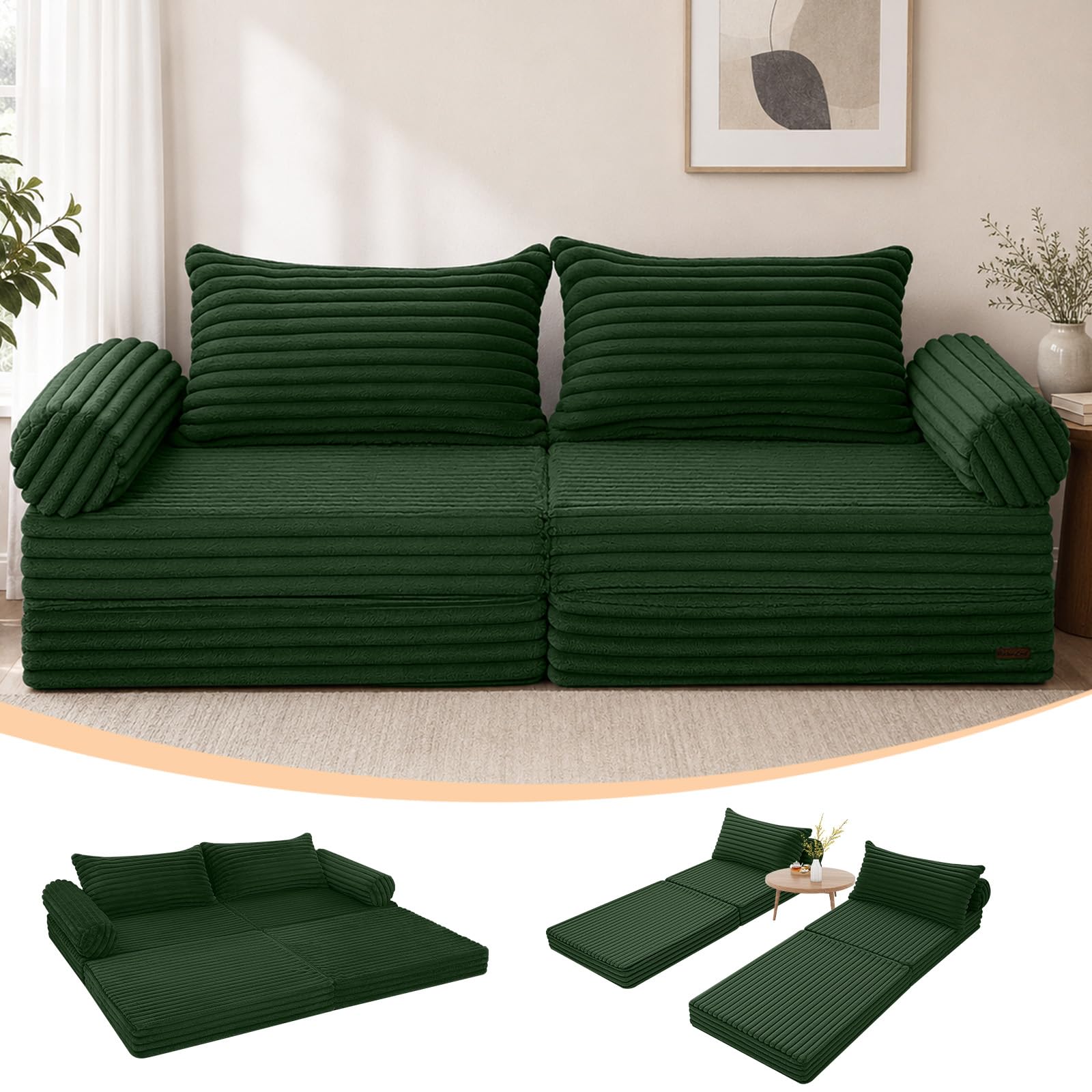 Photo 1 of MeMoreCool Convertible Sofa Bed, Folding Floor Couch Bed Queen, Pull Out Sleeper Couch with Pillows, Fold Out Futon Sofa for Bedroom Living Room Small Space, Corduroy Green