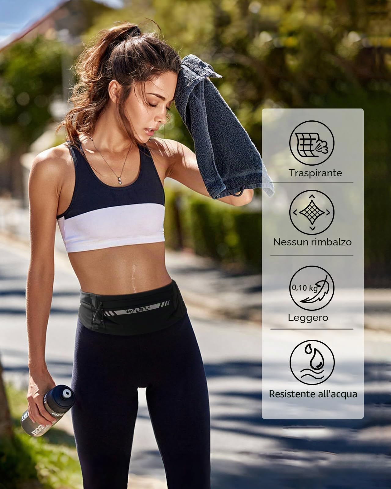 WATERFLY Marsupio Running per Uomo Donna: Cintura da Corsa con 4 Tasche Porta Cellulare Corsa Borsa per Correre Running Belt per Jogging Sportivo Trekking Camminata Fitness Nero