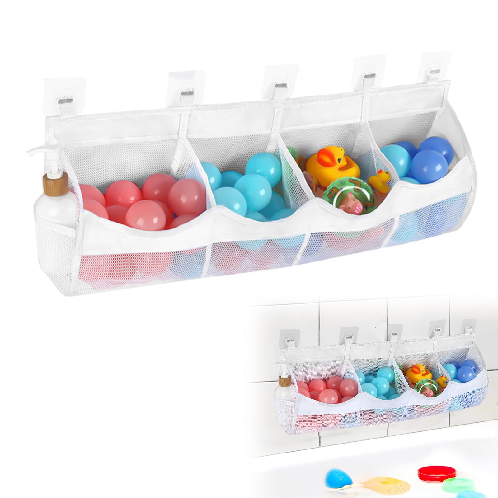 Badespielzeug Organizer Badewannenspielzeug Aufbewahrung Mit 3 Fächern – Wandmontiert, Mesh Netz Tasche Mit 4 Haken Wandmontiert Badezimmer Organizer