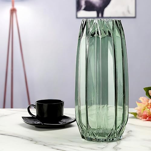 Miniatura 2 de Lucky Bird Jarrón de cristal verde moderno acanalado para flores, velas y acentos decorativos, jarrón de vidrio altocorto para centros de mesa,