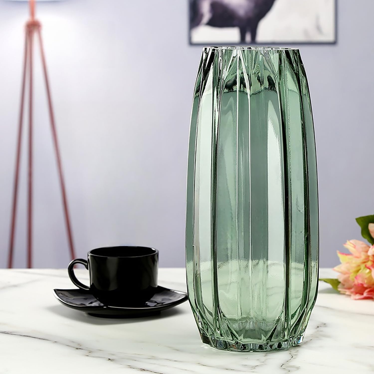 Lucky Bird Green Glass Vase Modern Ribbed Glass Vase for Flowers, Candles, and Decorative Accents - Tall/Short Glass Vase for Centerpieces Home Table Decor(Green H12.0inch)