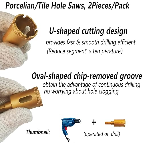 Miniatura 4 de Antengdatool - Juego de sierras de agujero para azulejos secos de 1-12 pulgadas, 2 brocas de diamante de 1.496in para ladrillos de piedra de mármol