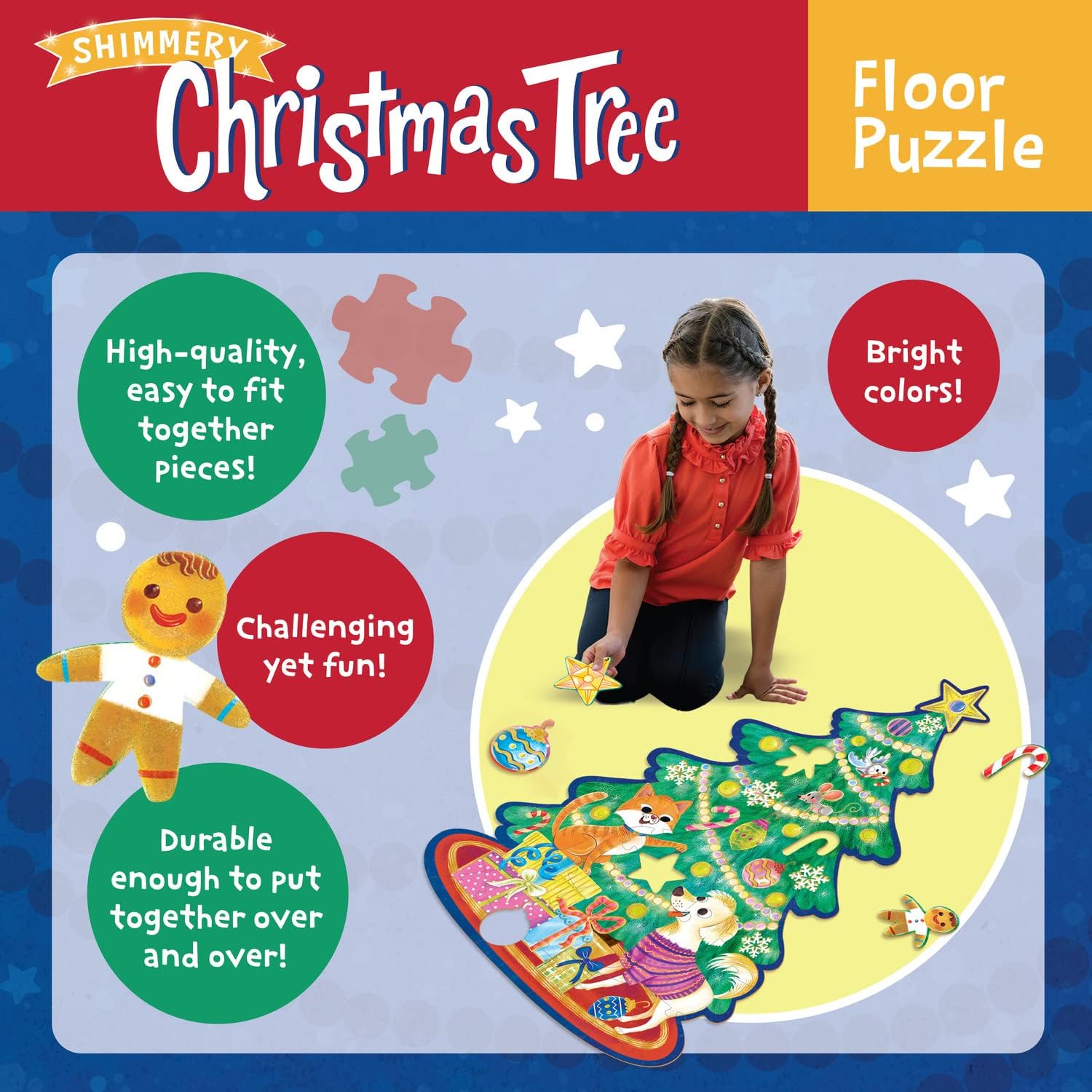 Peaceable Kingdom Shimmery Christmas Tree Floor Puzzle – Giant Floor Puzzle for Kids Ages 3 & up – Fun-Shaped Puzzle Pieces – Great for Classrooms : Toys & Games
