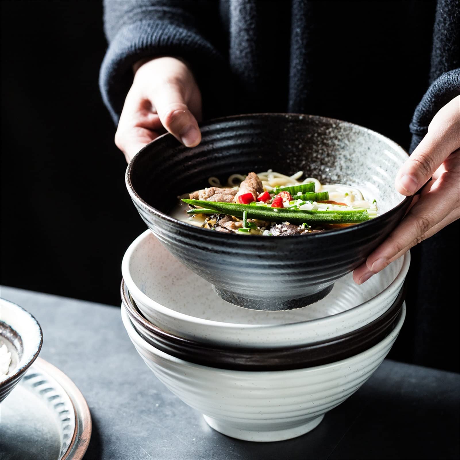 Grands bols à nouilles japonais avec cuillères et baguettes for soupe, céréales, riz, udon, nouilles asiatiques, ensemble de vaisselle bol ramen en céramique de qualité commerciale for restaurant ( Co