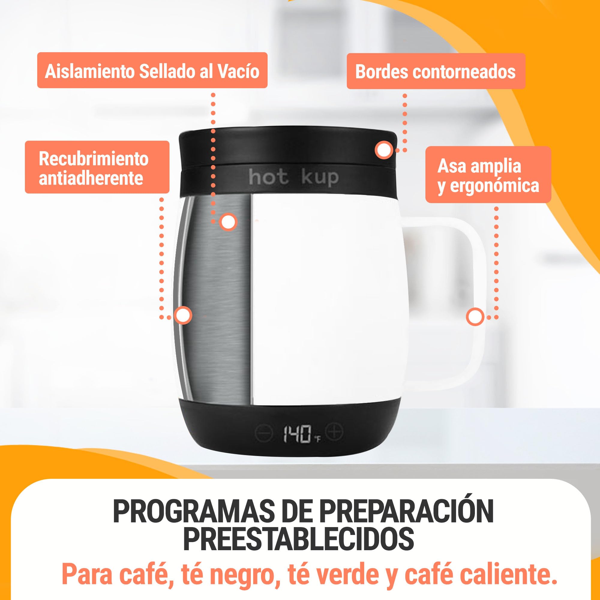 Hot Kup - Taza inteligente autocalentable con base eléctrica portátil opcional, Calentar y Preparar Bebidas Calientes - Control Total de Temperatura para Café, Calentar leche y Purificar agua - Blanco