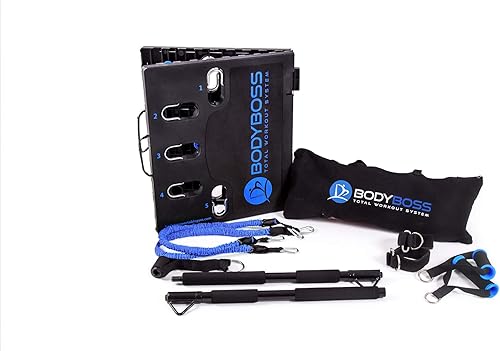 Miniatura 2 de BodyBoss 2.0  Paquete de entrenamiento portátil completo para gimnasio en casa + bandas de resistencia  Barra de resistencia plegable, asas