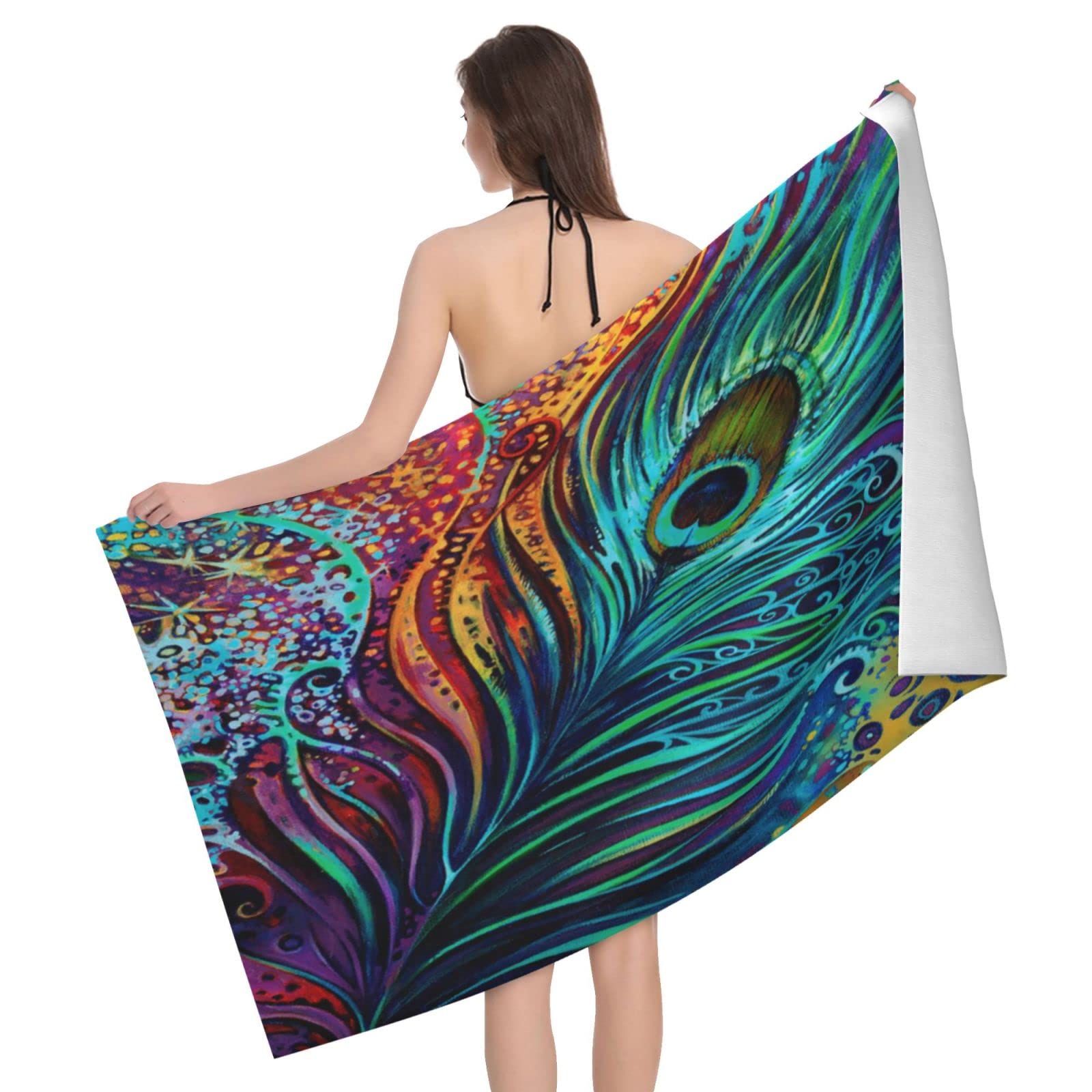 Lawenp Peacock Feather Pattern Beach Towel, Lightweight Sand Free Quick Dry Microfiber Absorbent Bath Towel for Kids, Adults, Swimming, Bath, Yoga, Pool, Travel, Camping 32"X52"