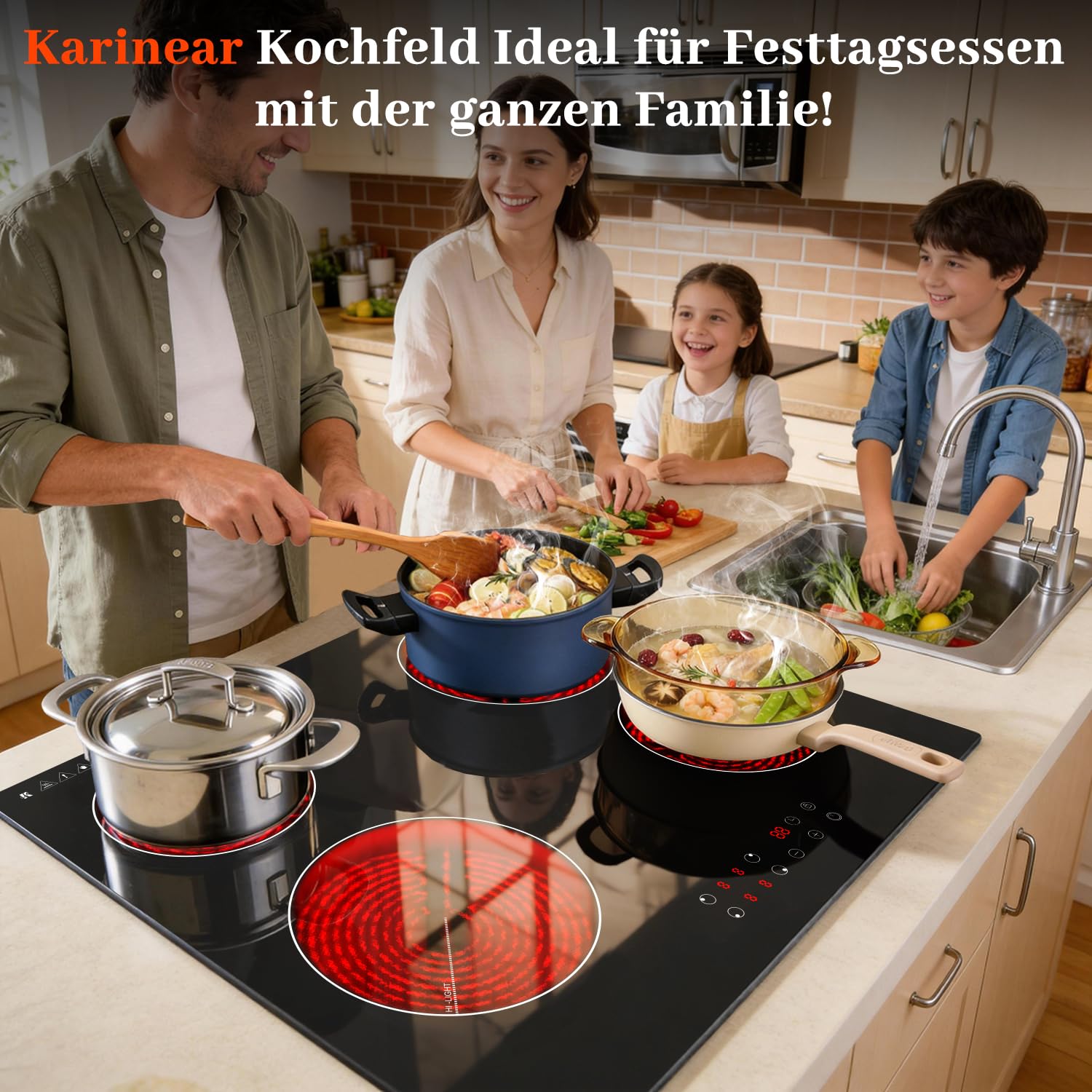 Karinear Glaskeramikkochfeld 4 Platten 6000W 60 cm Touch-Steuerung Timer Sicherheitsverriegelung 240V