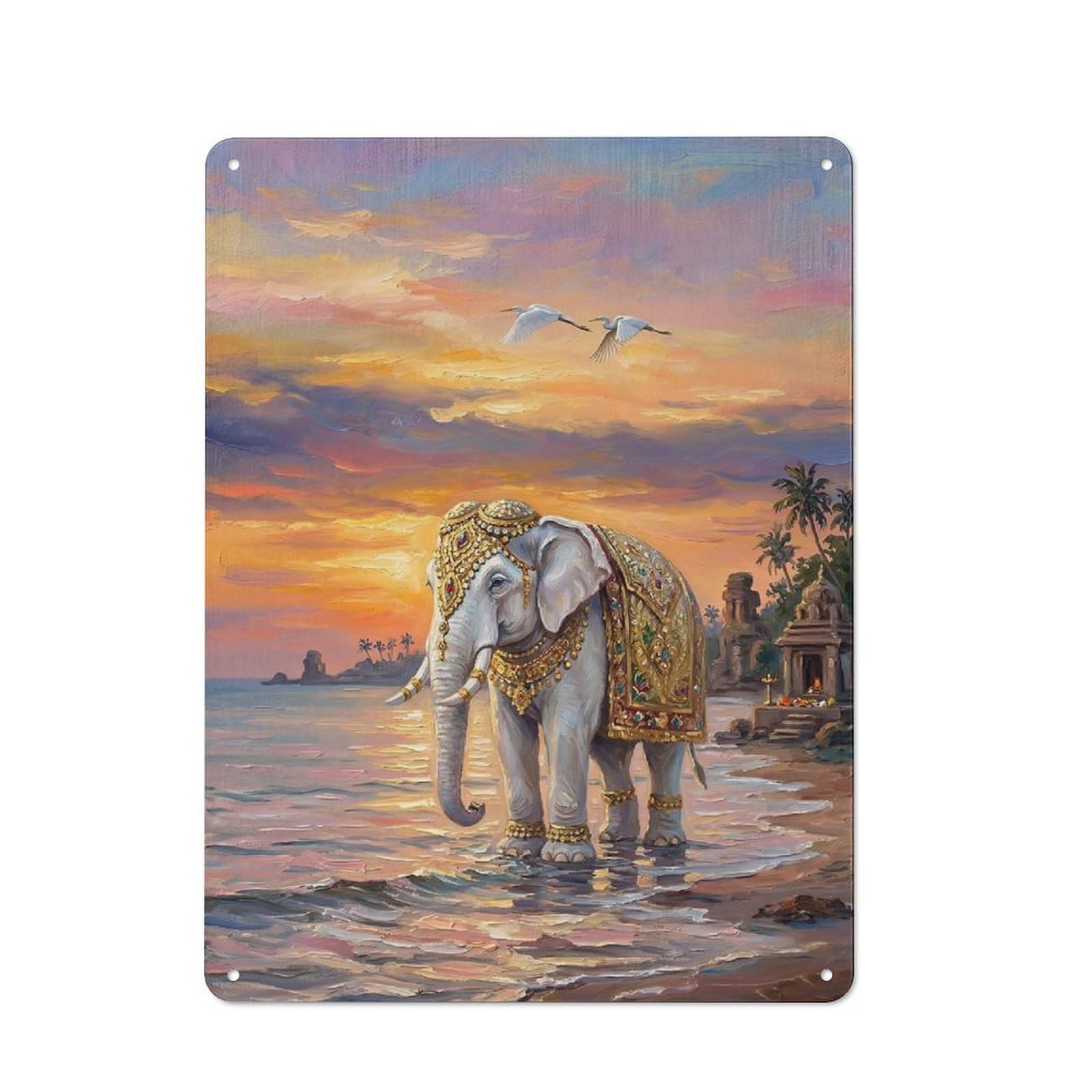 Ornate Elephant by The Sea at Sunset Clean Industrial Metal Wall Decor 40x30cm, Decorative Metal Plaque for Workspace, Cafe, Hallway Or Garage