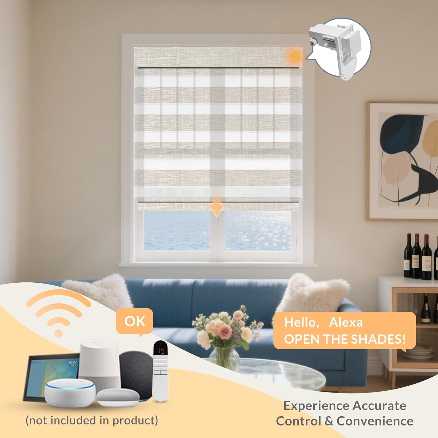 Boolegon No Drill Motorized Zebra Blinds with Remote, 65% Blackout Smart Zebra Shades for Indoor Windows, Easy to Install Automatic Roller Shade, Cloud Sheer Ivory White, Custom Sizes