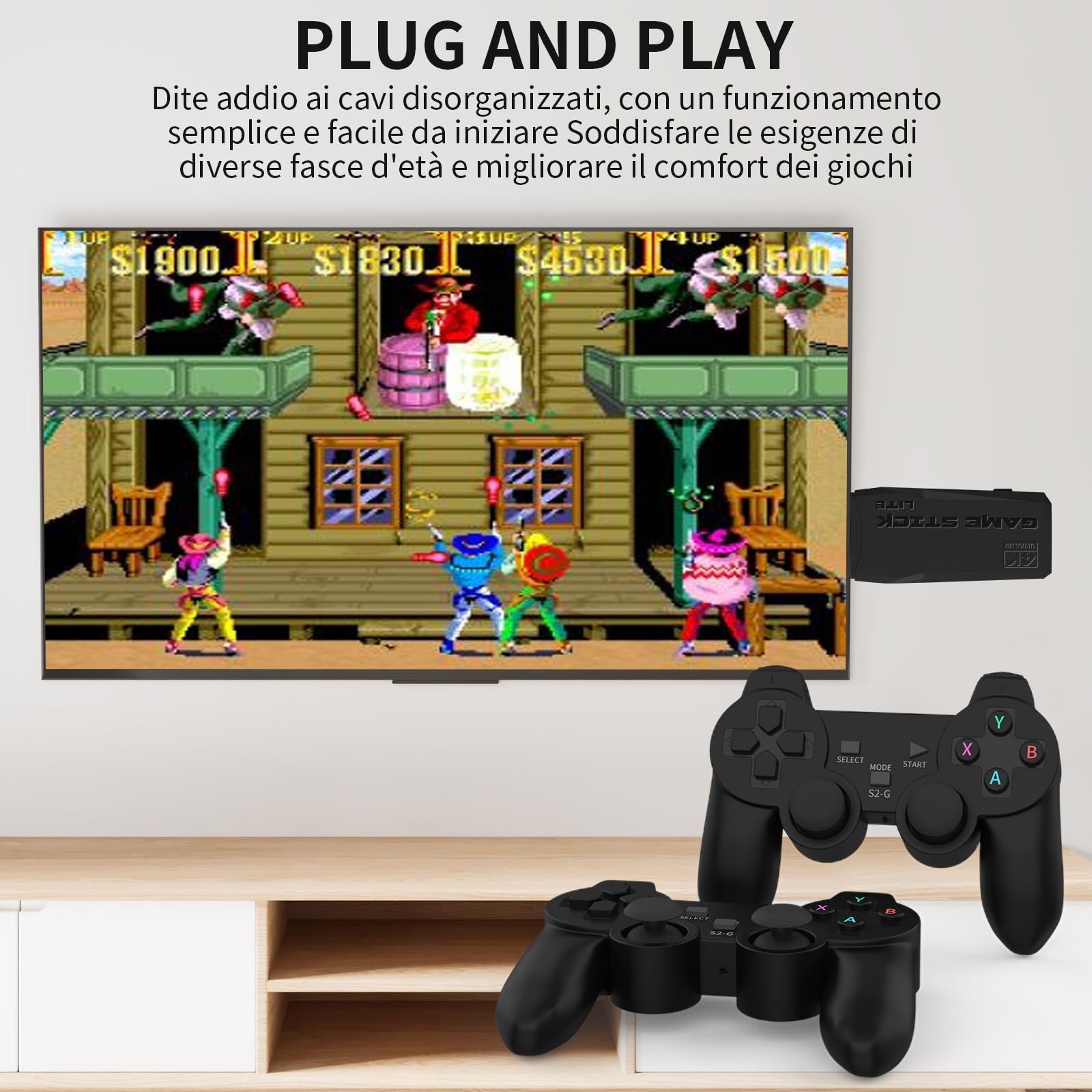 Console di Gioco Wireless Retrò M8, Plug and Play Mini Game Stick, 20,000+ Videogiochi Classici, Dotato di Doppio Controller di Gioco Senza Fili 2.4G, 9 Simulatori, Uscita HD 4K
