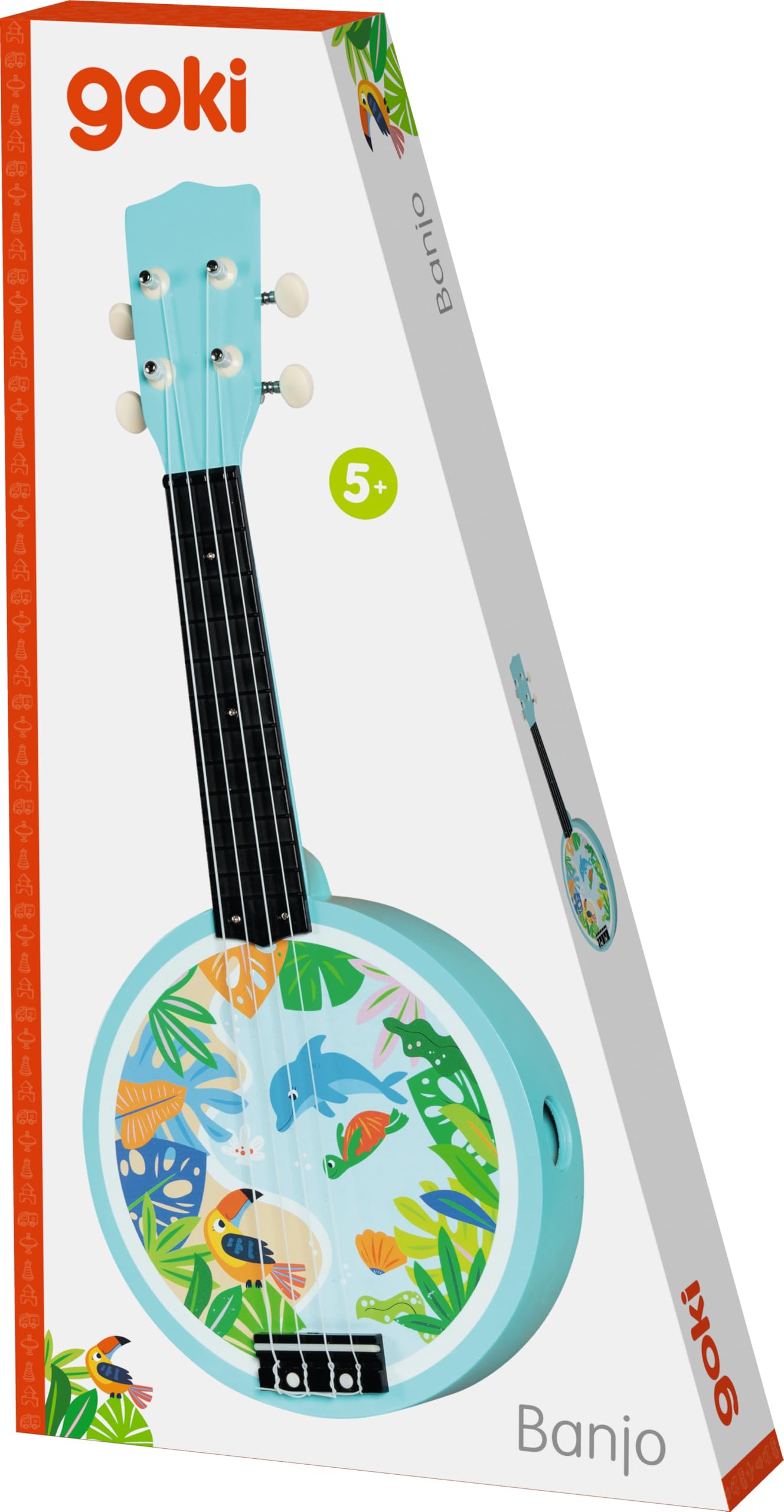 goki 61870 - Banjo in legno e plastica, strumento musicale con motivi animali, promuove l'interesse musicale e le capacità motorie dei bambini, con plettro e corde di ricambio, set da 4 pezzi, dai 5