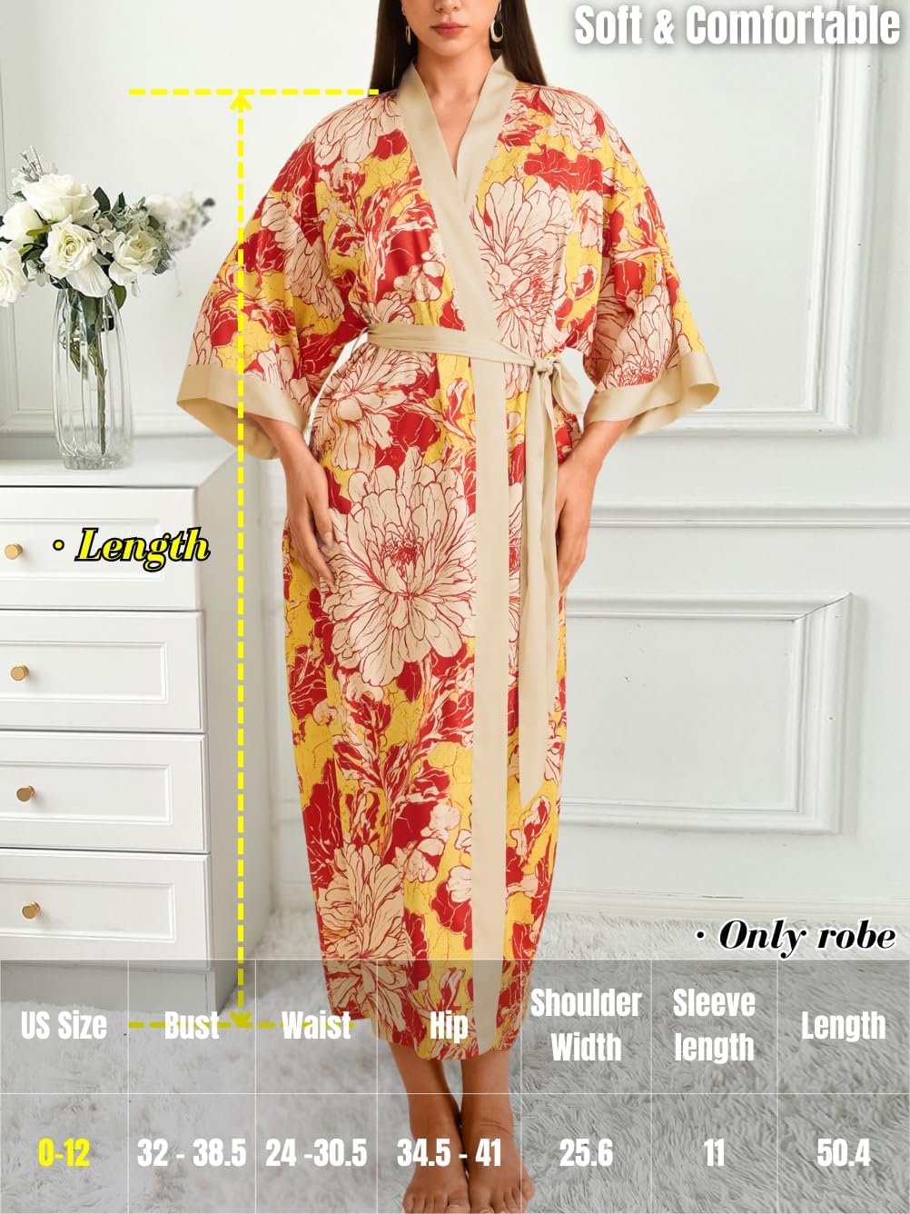 Women's Fancy Print Satin Kimono Robe, Soft Silky Lightweight, Long Wedding Bridesmaid Robes Fits Sizes 0-12 - Image 6