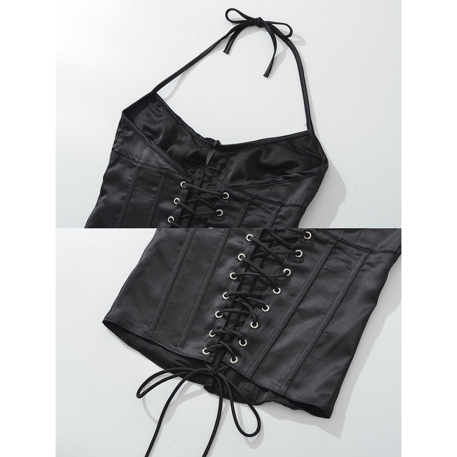 Primavera Verano Color Sólido Espalda Correa Cruzada Camisola Ahuecada Top Cuello Halter con Hebillas Delanteras y Lazo Trasero