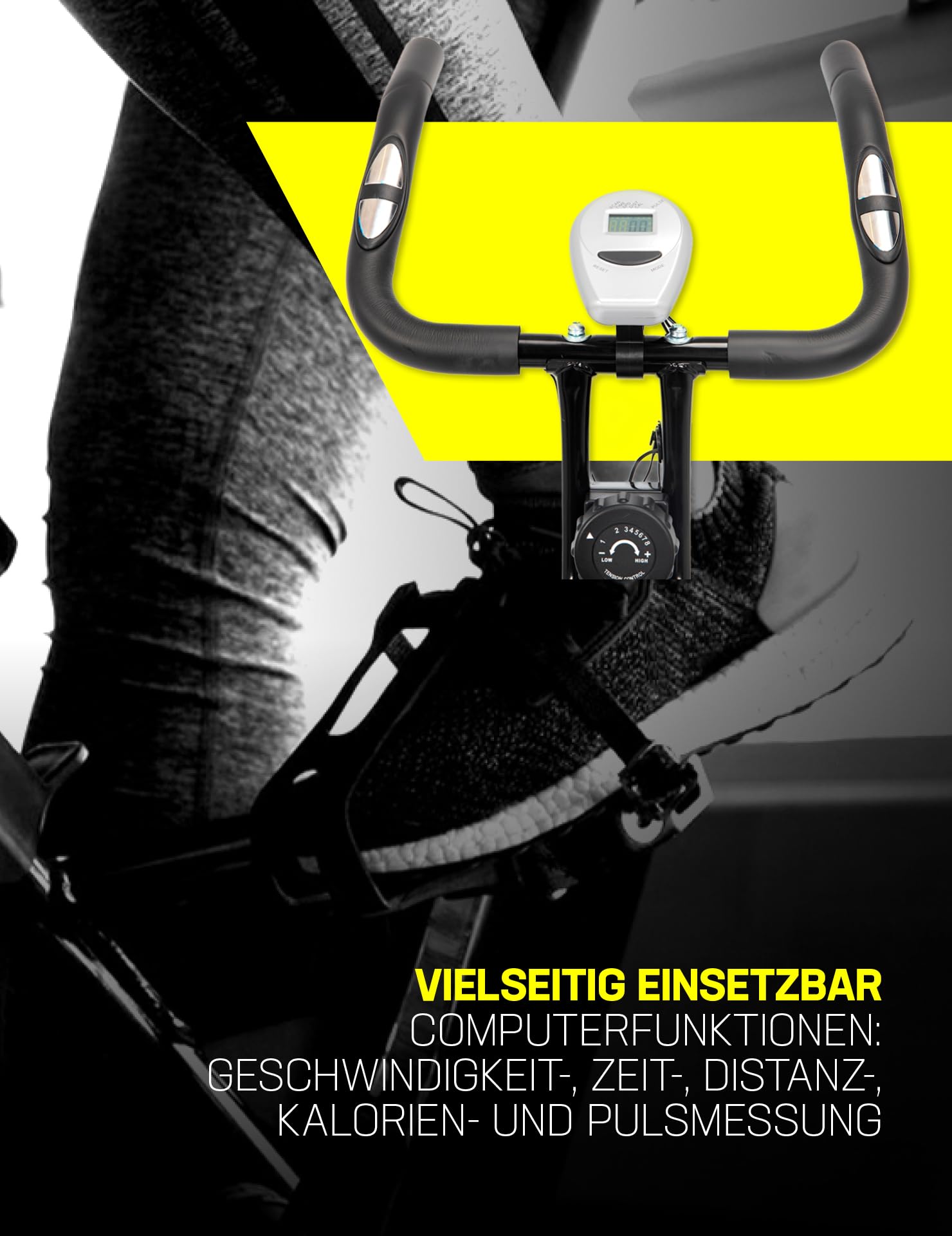 SPORTINATOR® X-Bike faltbarer Heimtrainer mit Computerfunktionen: Geschwindigkeit-, Zeit-, Distanz-, Kalorien- und Pulsmessung, breiter, gepolsterter Sattel
