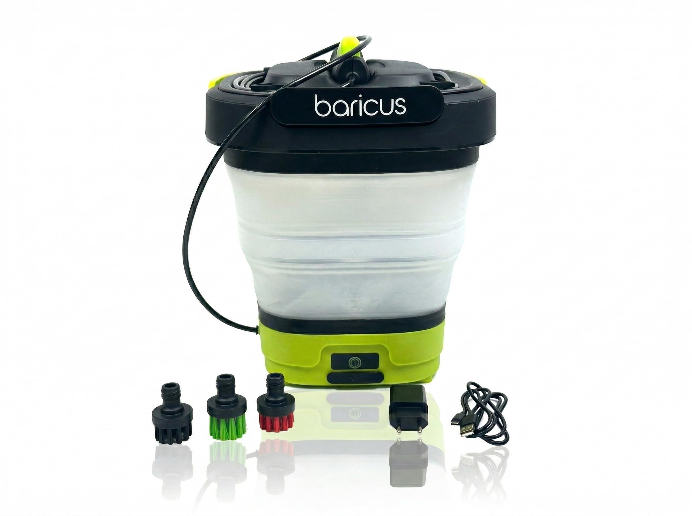 BARICUS Akku-Druckreiniger mit 10 L Falteimer, mobil, USB-C, 5 Bar | Ohne Wasseranschluss reinigen · Platzsparend faltbar · 3 Aufsätze für viele Anwendungen · Bis zu 35 Minuten Laufzeit
