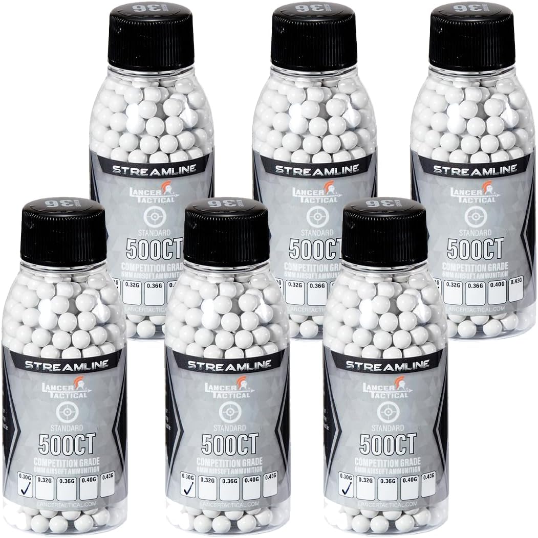 Lancer Tactical Heavy Sniper BBS Pack of 6 Mini Bottle 500 Round Streamline Competition Grade Airsoft BBS (6 Pack Total 3,000 Rounds)