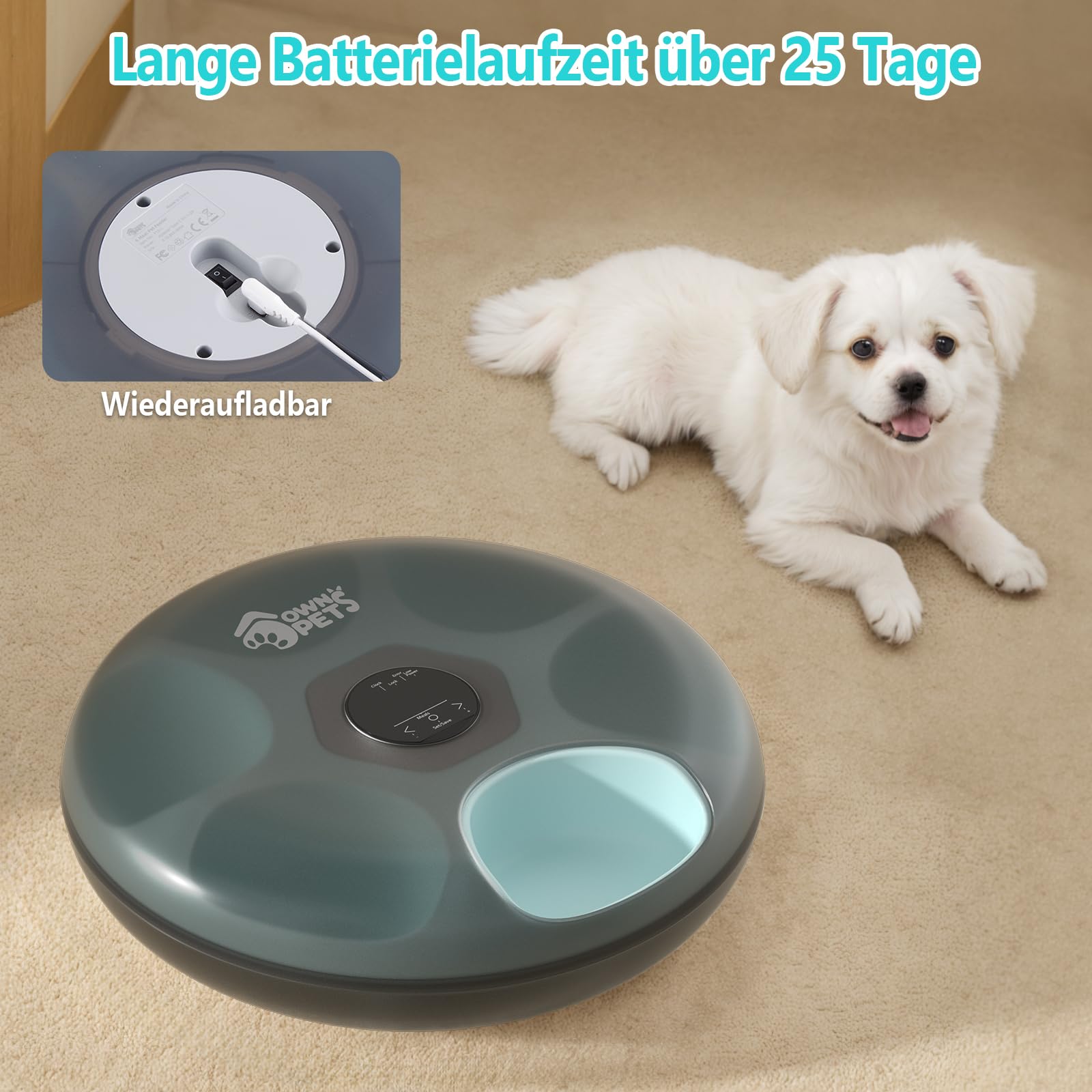Ownpets 6 Mahlzeiten Automatischer Katzenfutterautomat für Nass-/Trockenfutter, mit 2 Kühlakkus, programmierbarer zeitgesteuerter Tierfutterautomat, Auto Feeder für Katzen,kleine Hunde