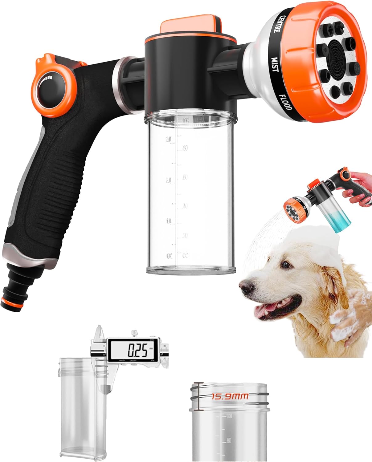 Premium Dog Washing Hose Attachment, 8-Pattern Dog Bath Sprayer, Easy-Control Hose Nozzle with Soap Dispenser for Garden, Pet Shower and Car Wash