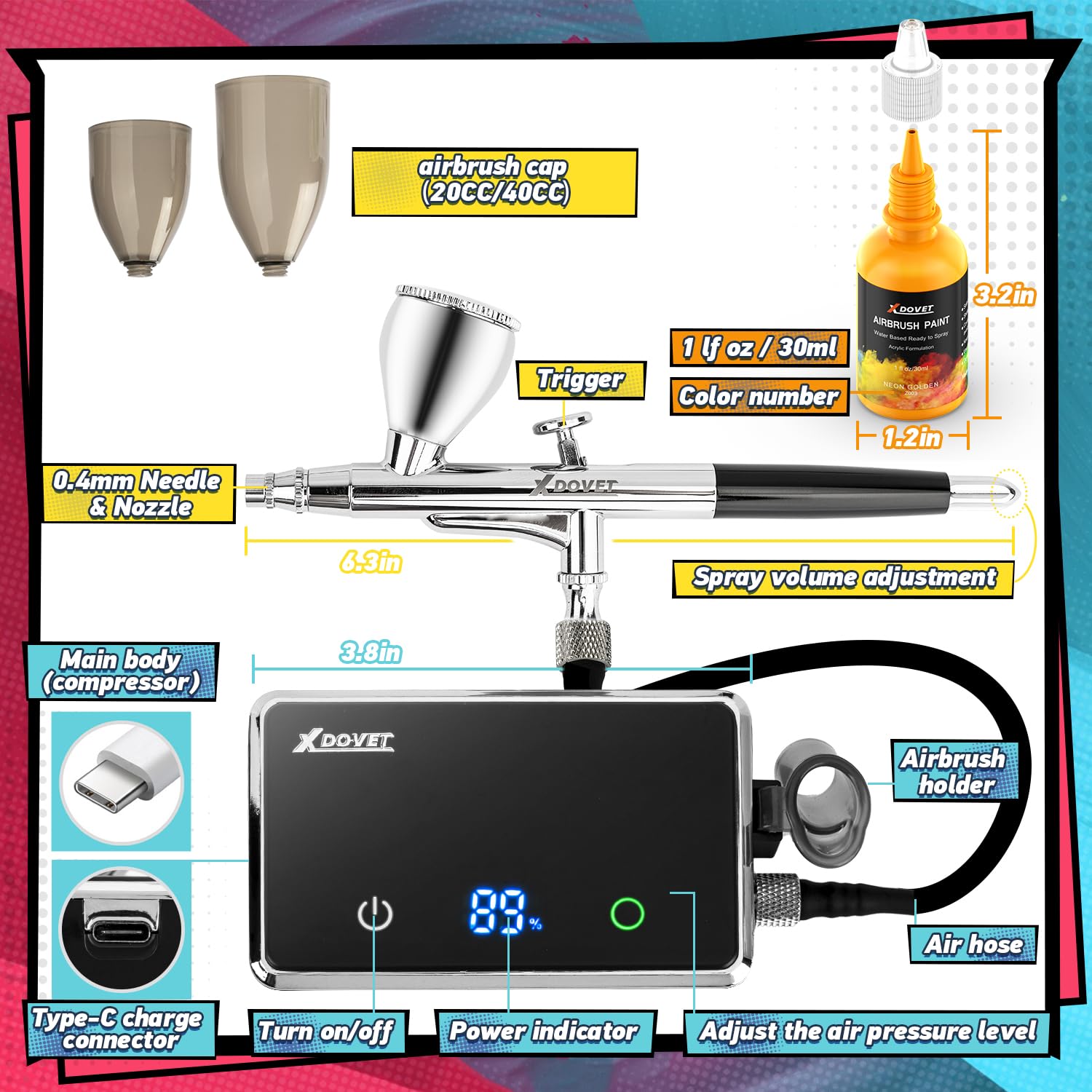 XDOVET Verbessertes 32 PSI Airbrush Set mit Farblack 12 Farben/ 30ml, Dual-Action Airbrush Set mit Modellbau Farbstoffe, Tragbares Airbrush Set mit Kompressor für Färbung