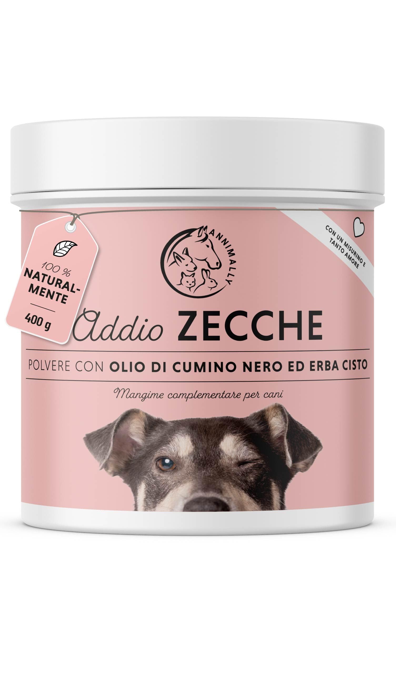 Addio Zecche in polvere per cani - 400g di polvere con olio di cumino nero, cisto, lievito di birra e alghe marine - Polvere efficace, completamente naturale come alternativa a compresse