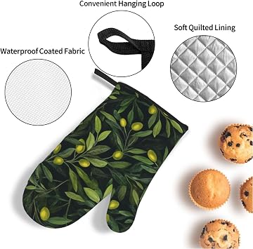 4 Pcs Green Branch Olive Oven Mitts and Potholders,Kitchen Oven Glove with Pot Holders,Non-Slip Gloves High Heat Resistant 500 Degree for BBQ, Grill, Baking, Cooking, Oven, Microwave