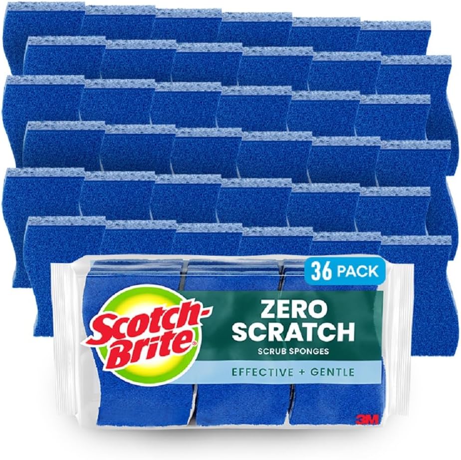 Scotch-Brite Zero Scratch Non-Scratch Scrub Sponges, Sponges for Cleaning Kitchen, Bathroom, and Household, non-scratch Sponges Safe for Non-Stick Cookware, 36 Scrubbing Sponges