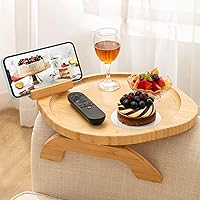 Vista 9 de SINWANT Mesa de brazo para sofá, bandeja redonda de bambú con clip para sofá con soporte para teléfono de 360°, mesa plegable para reposabrazos