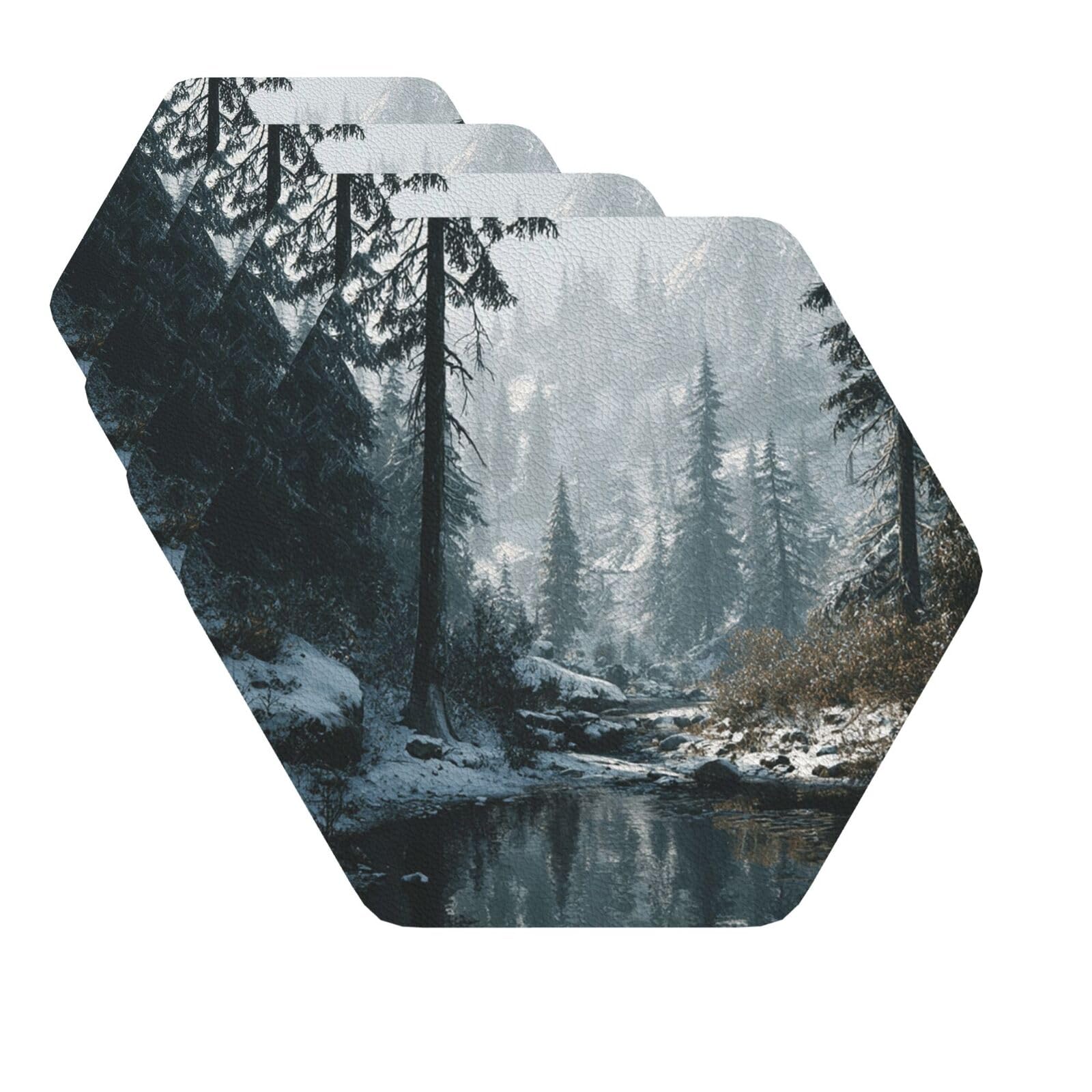 Drink Coasters Set of 4 Quick-Dry Leather Coaster wilderness winter Coasters for Drinks Coffee Cup Mat Tabletop Protection Heat Resistant Coaster for Kitchen Bar Office Home Decor