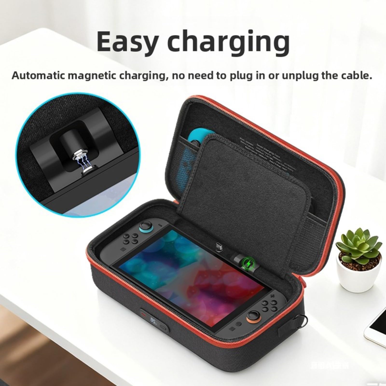 Risveglio Custodia di ricarica portatile da viaggio per Nintendo Switch 2 con batteria integrata da 2000 mAh, supporto di alimentazione da 30 W e slot per 12 carte da gioco, nero