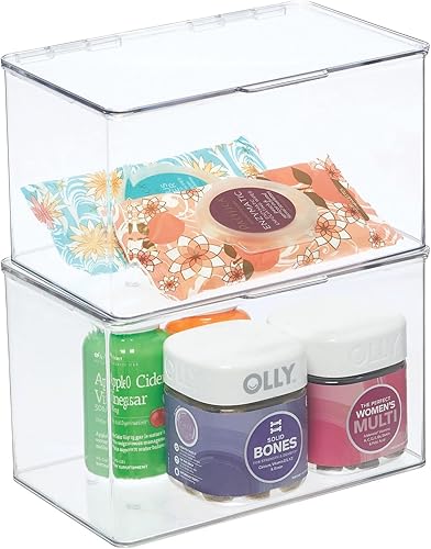 mDesign Caja de almacenamiento apilable de plástico para baño con tapa con bisagras adjunta, capacidad para jabón, gel de baño, champú, loción,