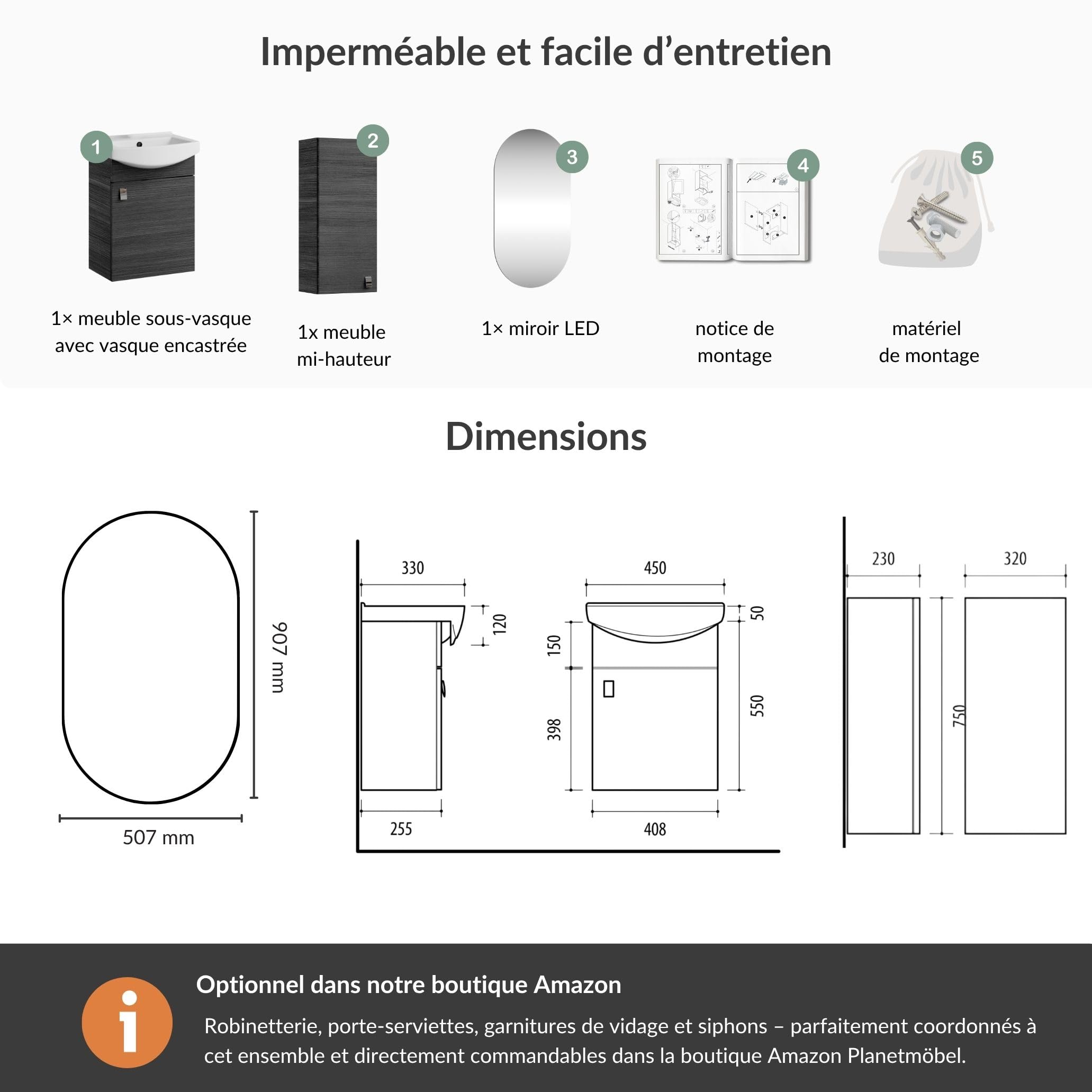 Planetmöbel Ensemble de Meubles de Salle de Bains Lavabo avec Meuble Bas 45 x 60 x 33 cm, Miroir avec éclairage 50 x 90 cm & Armoire Centrale pour Salle de Bains et WC invités, Anthracite