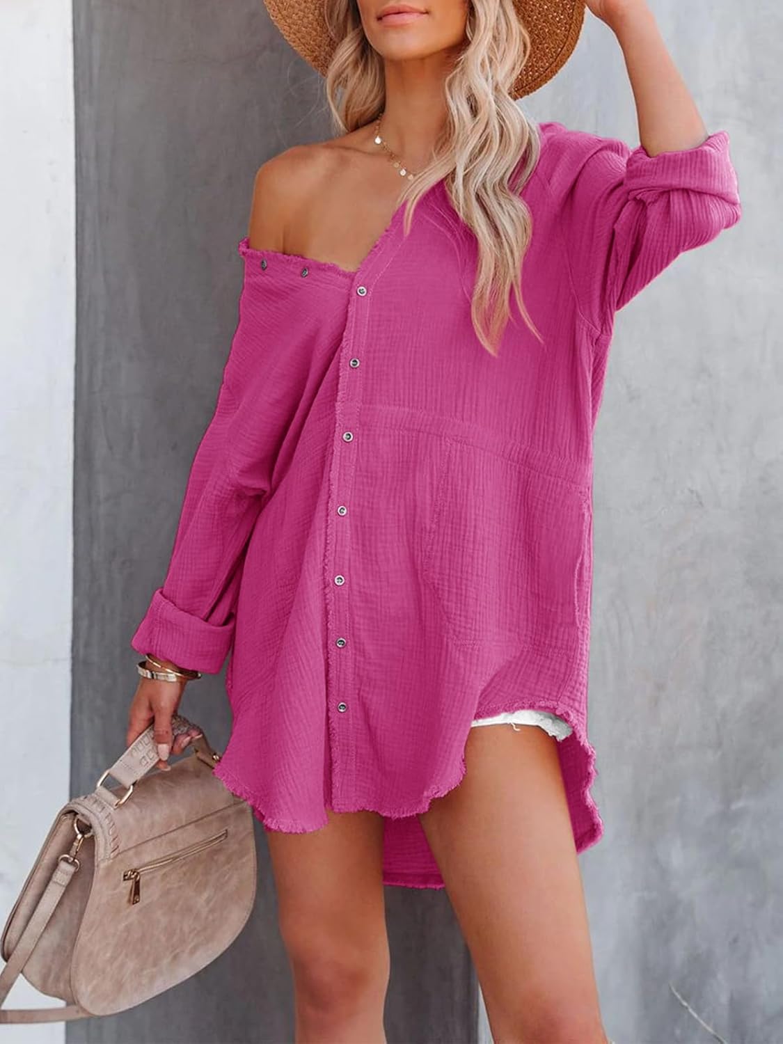 siliteelon Women's Button Down Tunic with Pockets Cotton Gauze Button Up Shirt Dress V Neck Long Sleeve Frayed Blouse Tops - Image 3