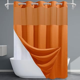 Burnt Orange No Hook Shower Curtain with Snap in Liner,230GSM Waffle Weave Shower Curtains for Bathroom,71W x 74H
