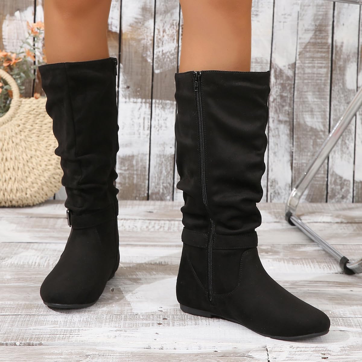 Botines de Ante para Mujer Caña Media Estilo Retro Arrugado Punta Redonda Tacón Bajo Plano Cremallera Lateral Completa Calzado Casual para Todas las Estaciones para Trabajar Citas y Viajar