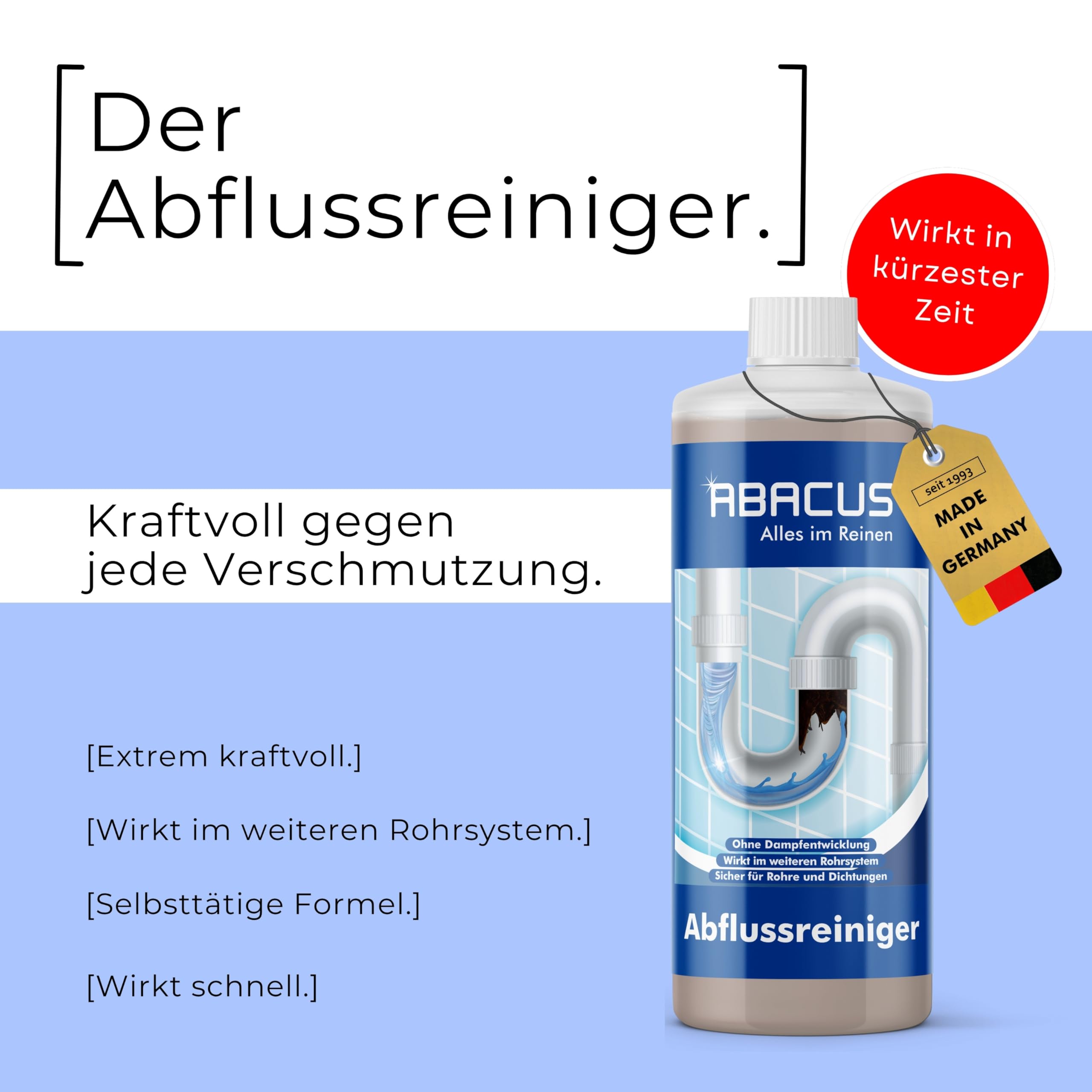 ABACUS® Abflussreiniger & Rohrreiniger, Rohrfrei, Abflussfrei – entfernt Haare und Ablagerungen in Rohren und Abflüssen – Abflussreiniger 3x 1000 ml (7596)