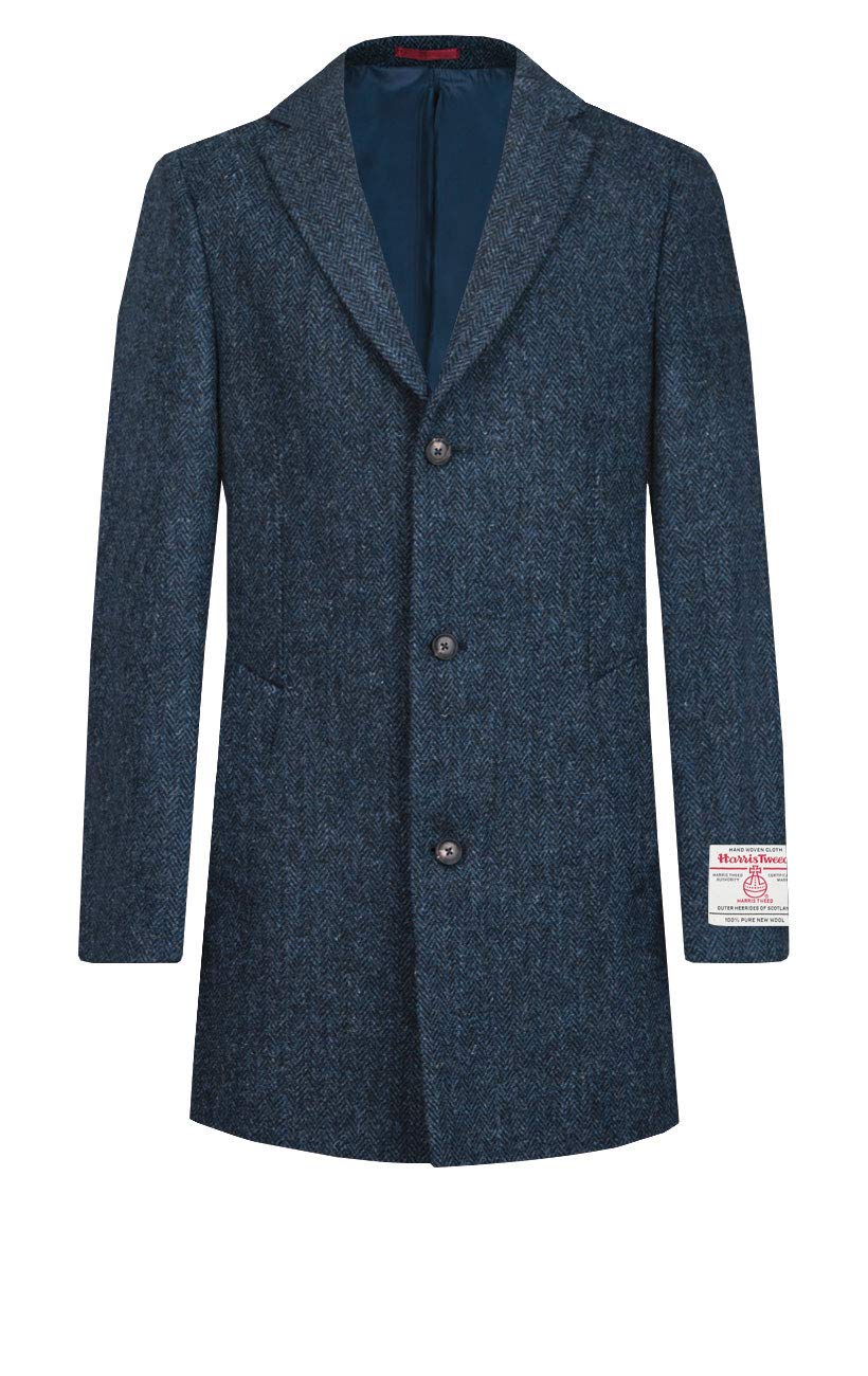 Dobell Harris Tweed Mens Blue Herringbone Overcoat Regular Fit 100% Wool-M